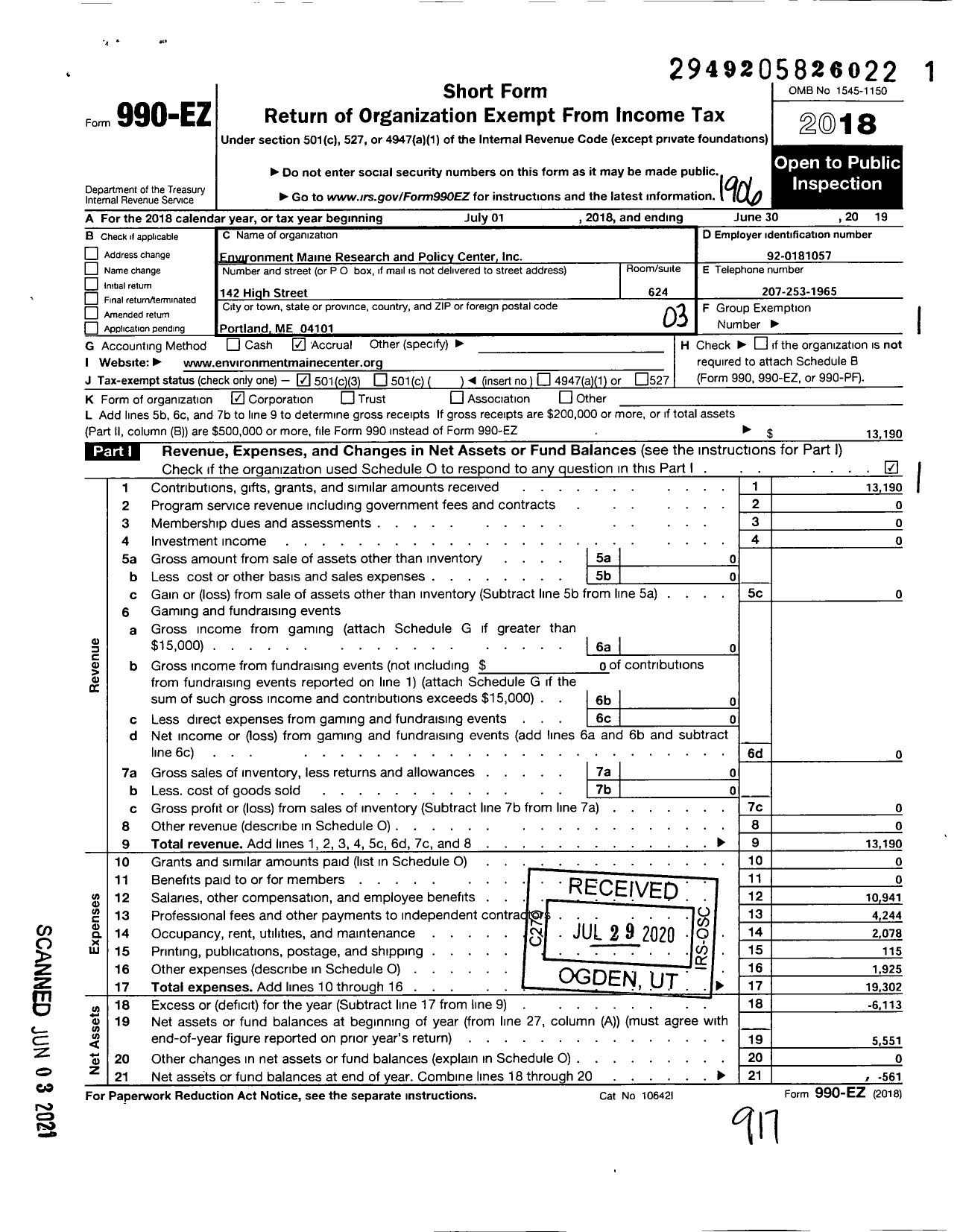 Image of first page of 2018 Form 990EZ for Environment Maine Research and Policy Center