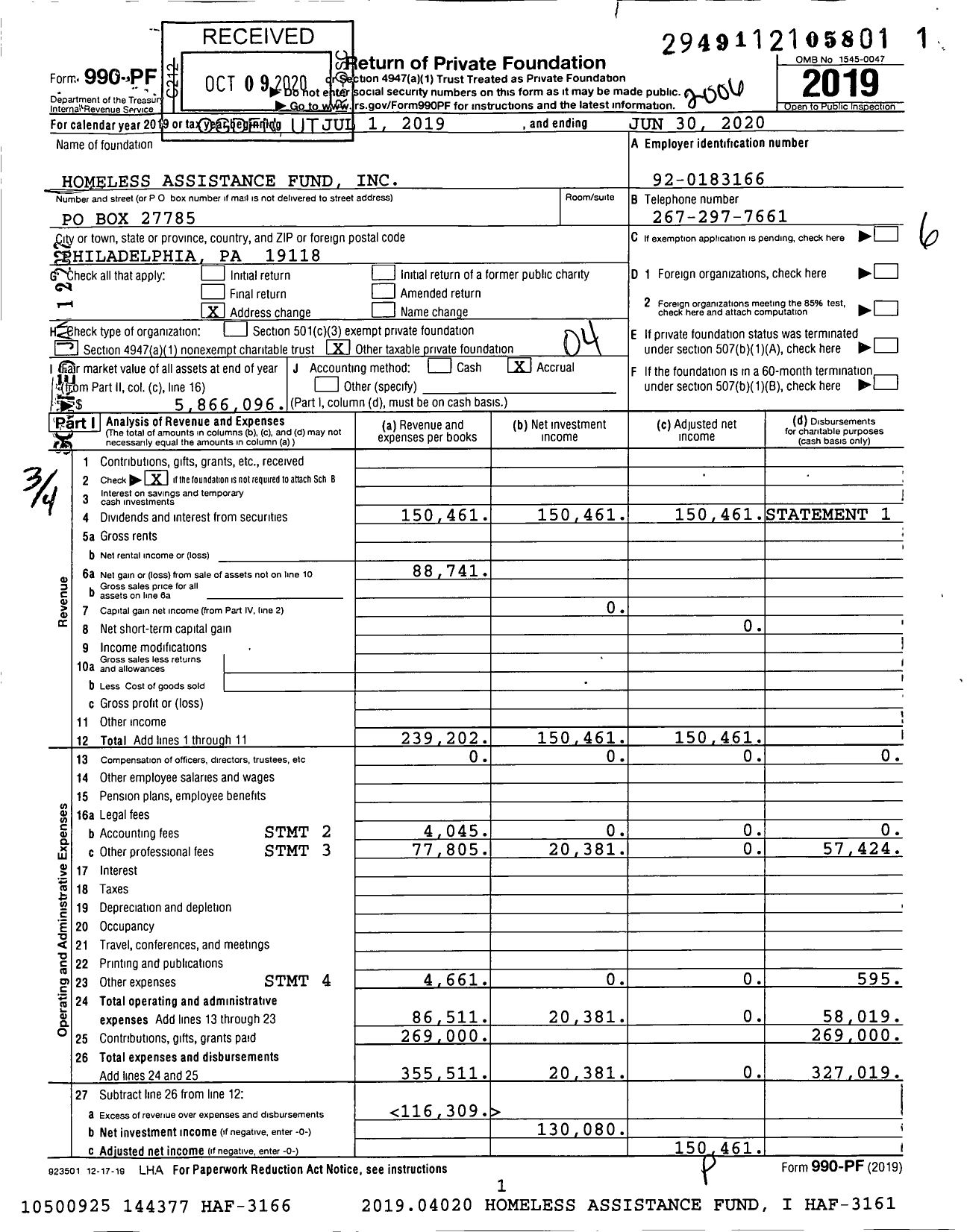 Image of first page of 2019 Form 990PF for Homeless Assistance Fund