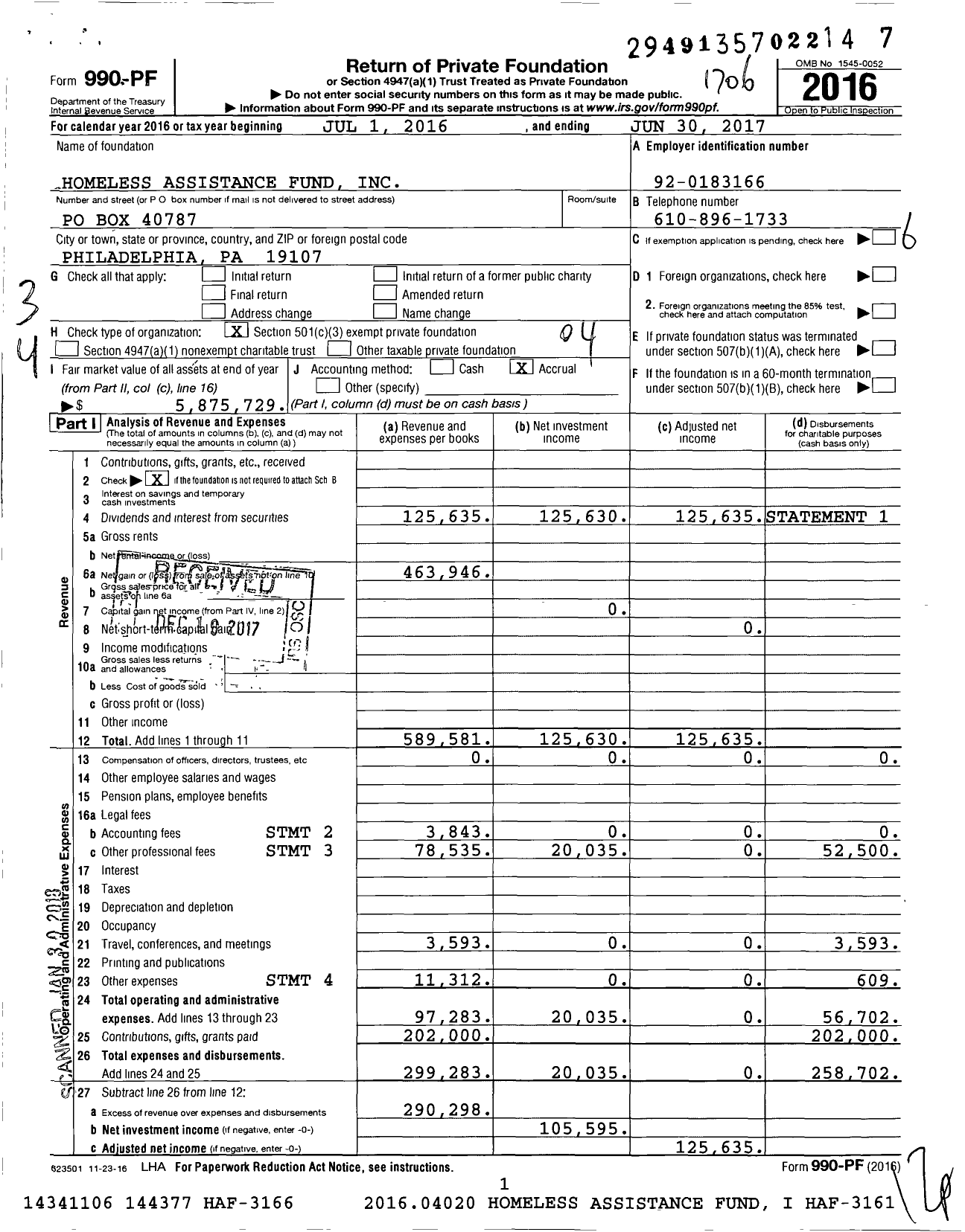 Image of first page of 2016 Form 990PF for Homeless Assistance Fund