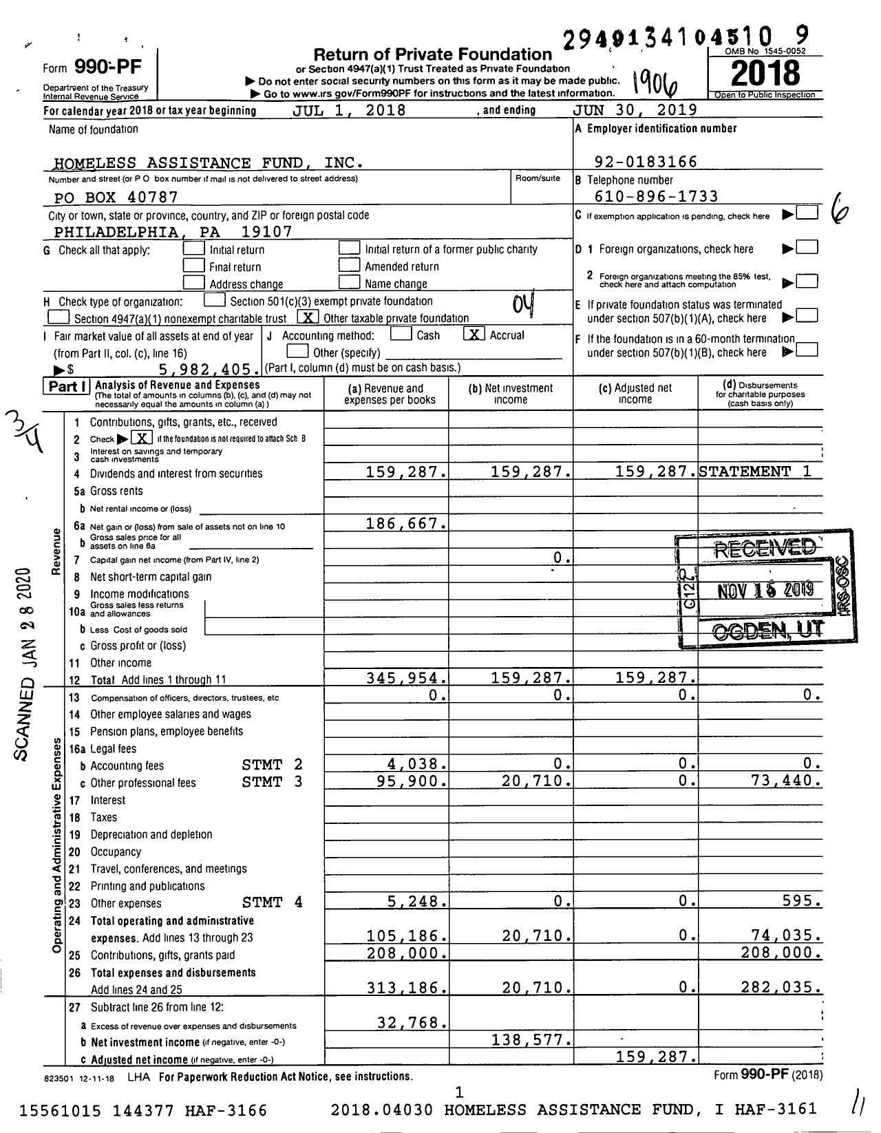 Image of first page of 2018 Form 990PF for Homeless Assistance Fund