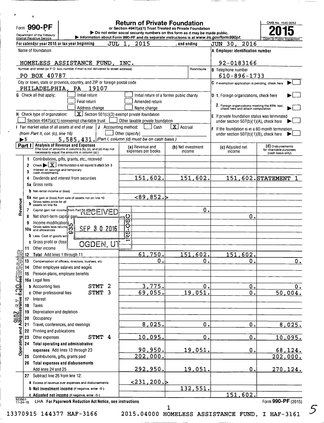 Image of first page of 2015 Form 990PF for Homeless Assistance Fund