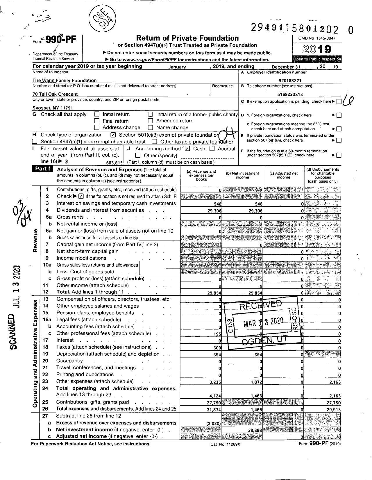 Image of first page of 2019 Form 990PR for Wann Family Foundation