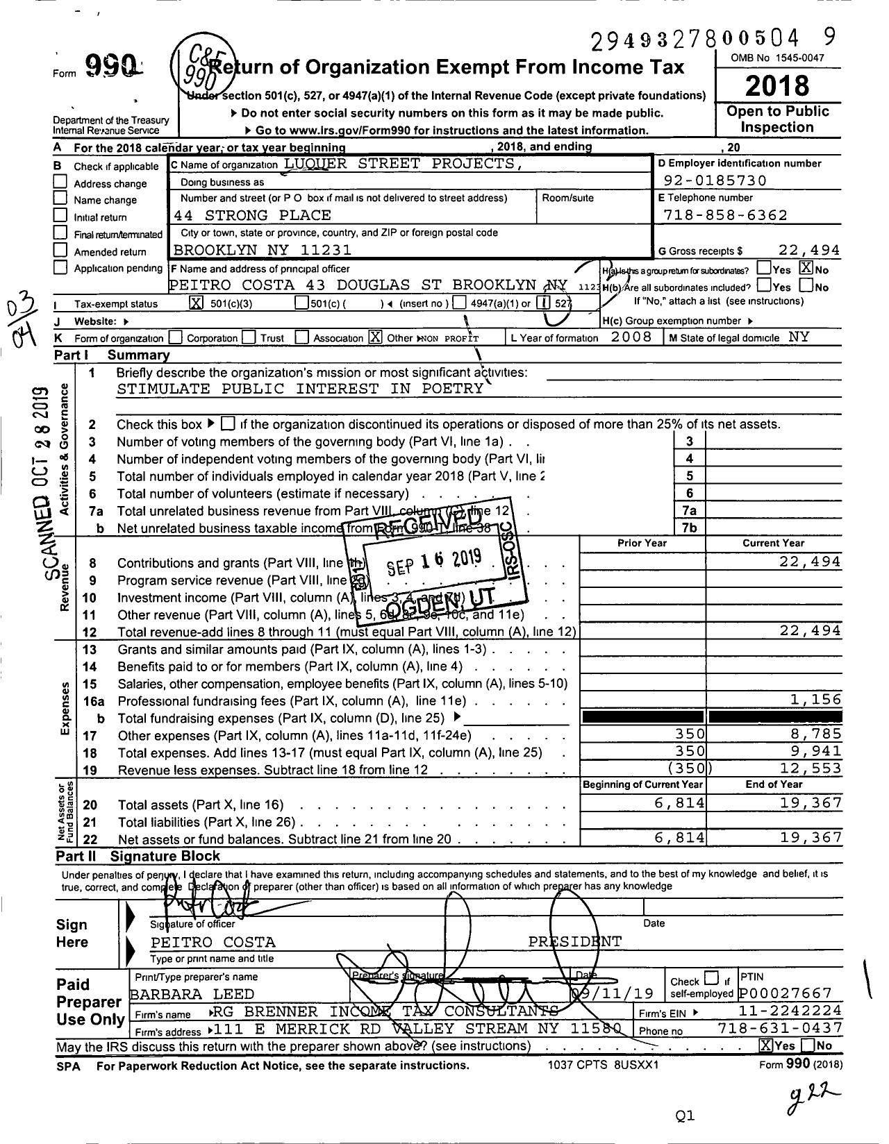 Image of first page of 2018 Form 990 for Luquer Street Projects