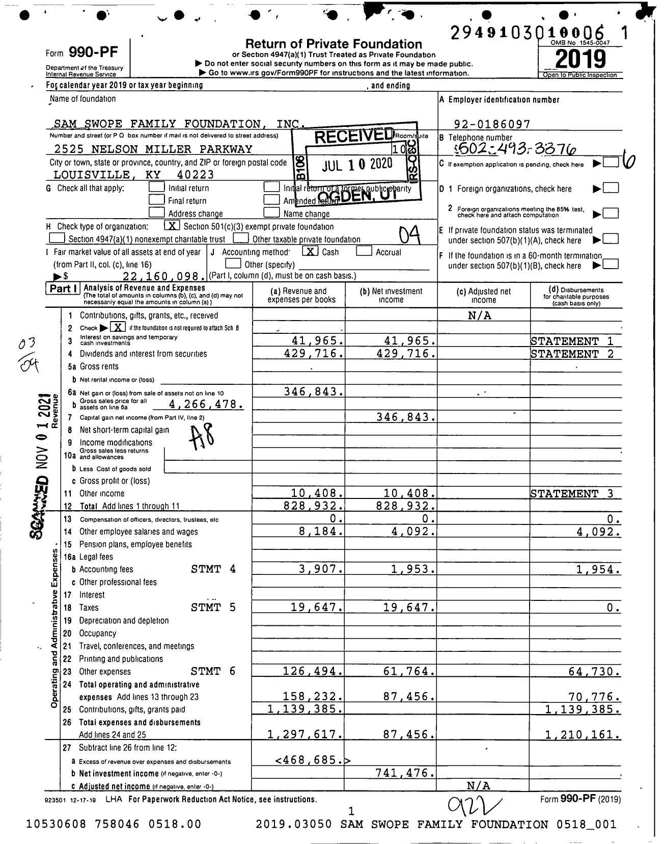 Image of first page of 2019 Form 990PF for Sam Swope Family Foundation