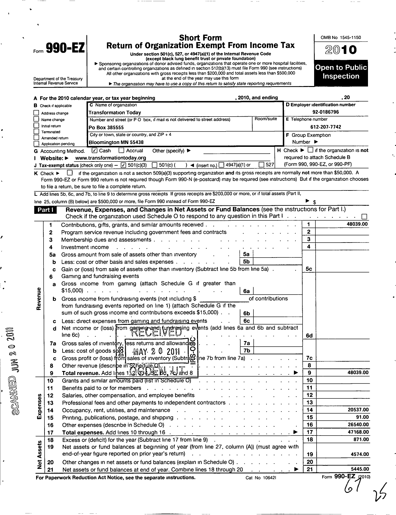 Image of first page of 2010 Form 990EZ for Transformation Today