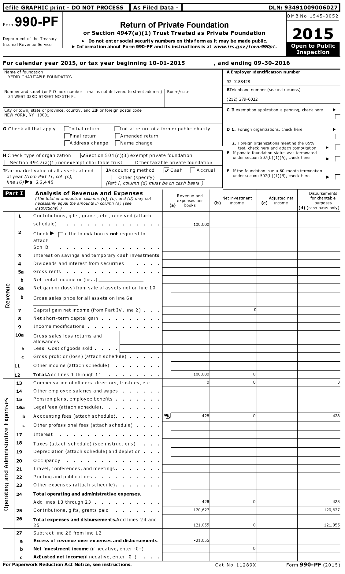 Image of first page of 2015 Form 990PF for Yedid Charitable Foundation