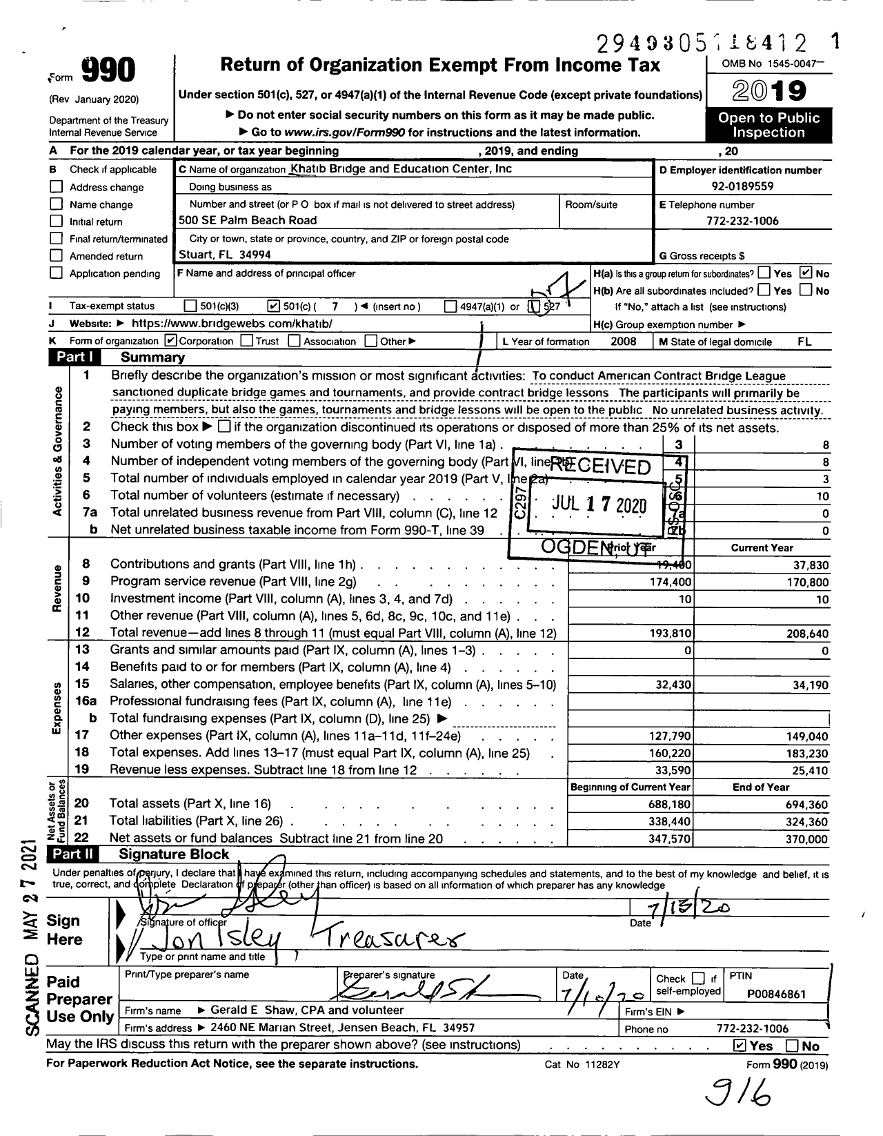 Image of first page of 2019 Form 990O for Khatib Bridge and Education of Palm City