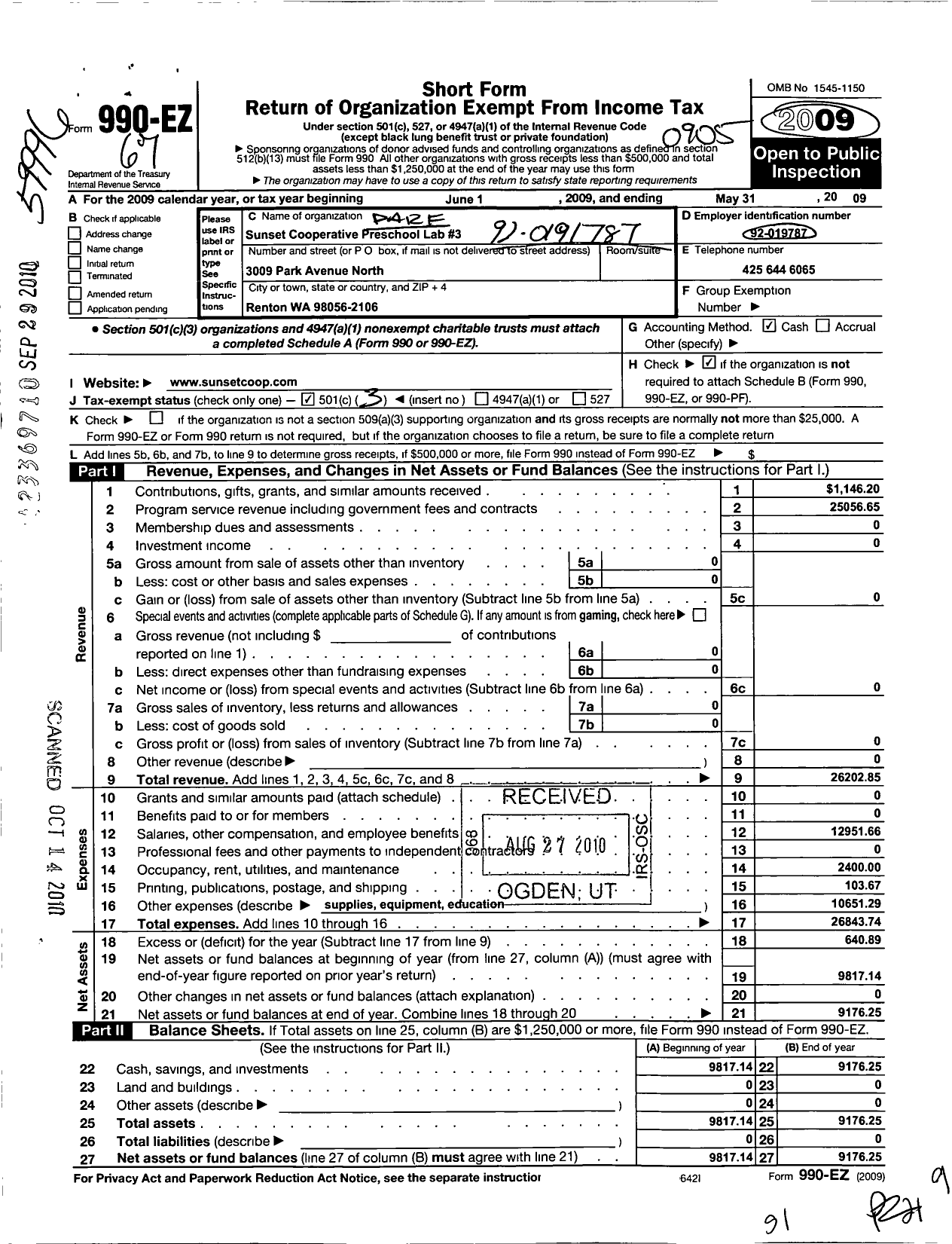 Image of first page of 2008 Form 990EZ for Parents Advisory Committee - Sunset Cooperative Preschool Lab 3