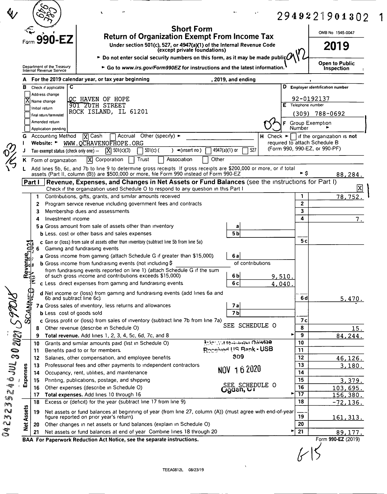 Image of first page of 2019 Form 990EZ for QC Haven of Hope