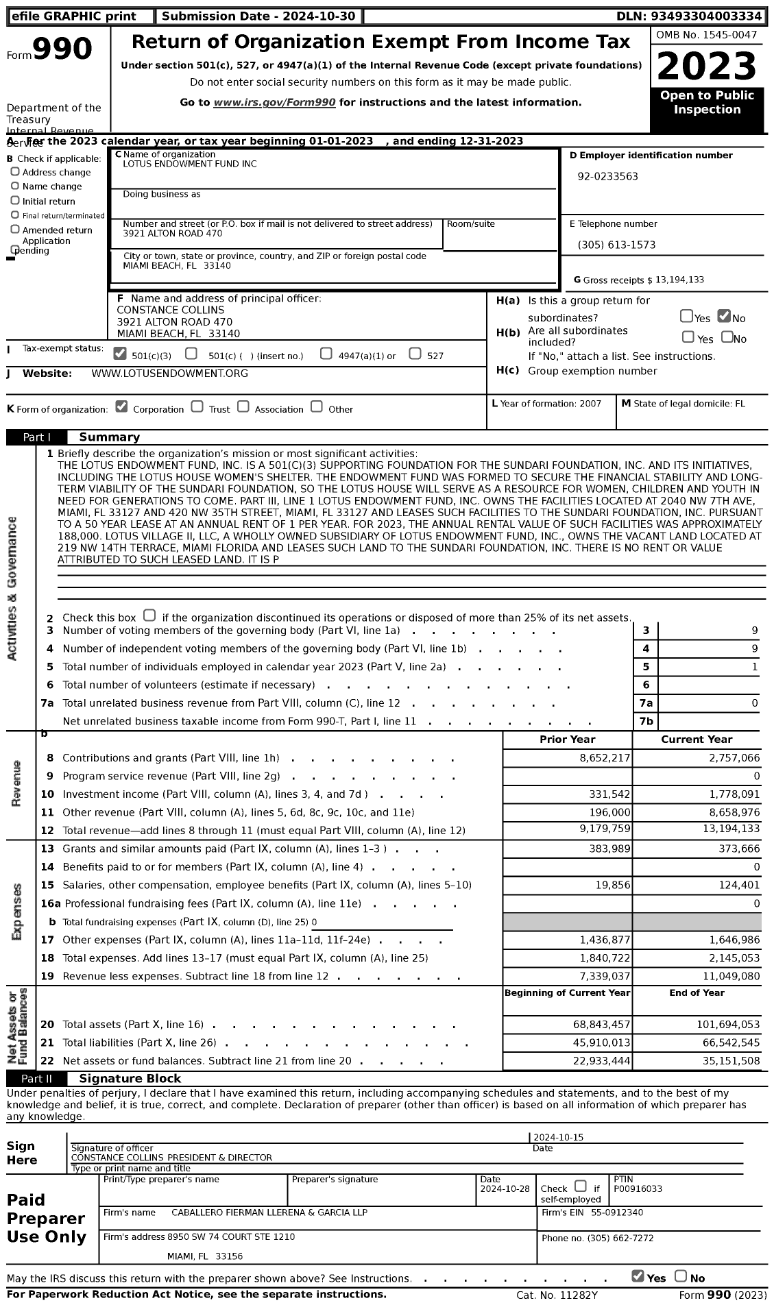 Image of first page of 2023 Form 990 for Lotus Endowment Fund