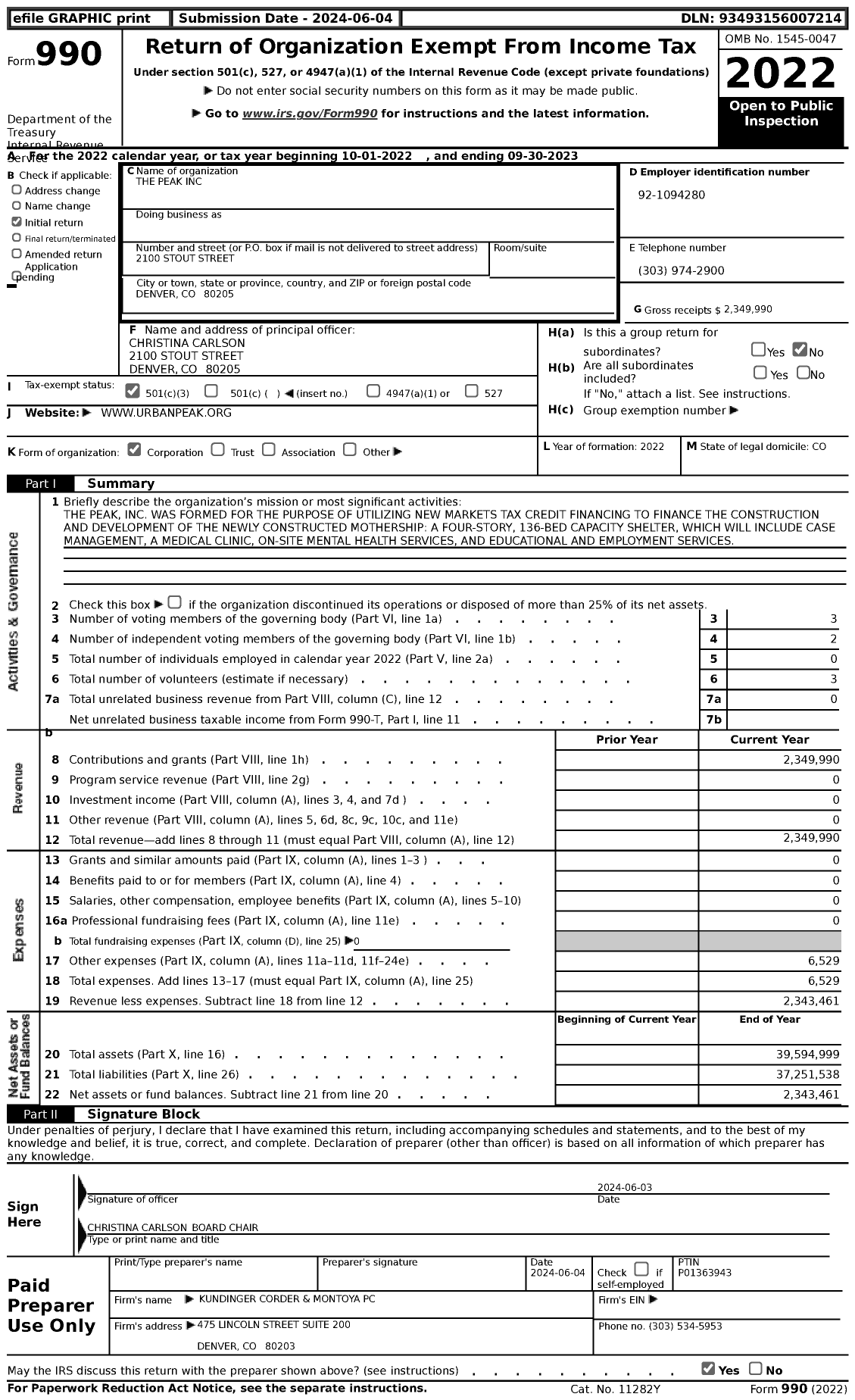 Image of first page of 2022 Form 990 for The Peak