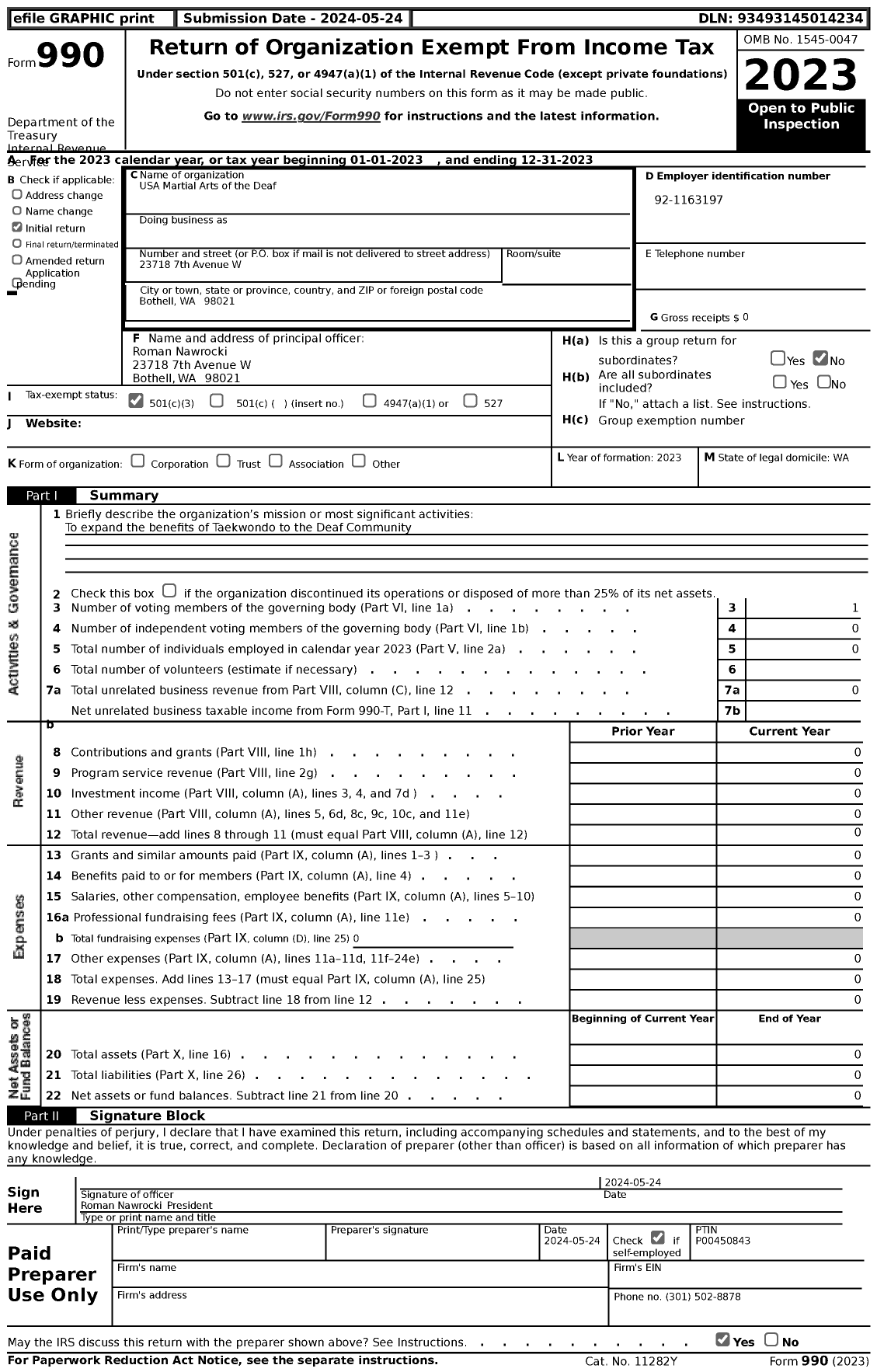 Image of first page of 2023 Form 990 for Amateur Athletic Union - USA Martial Arts of the Deaf