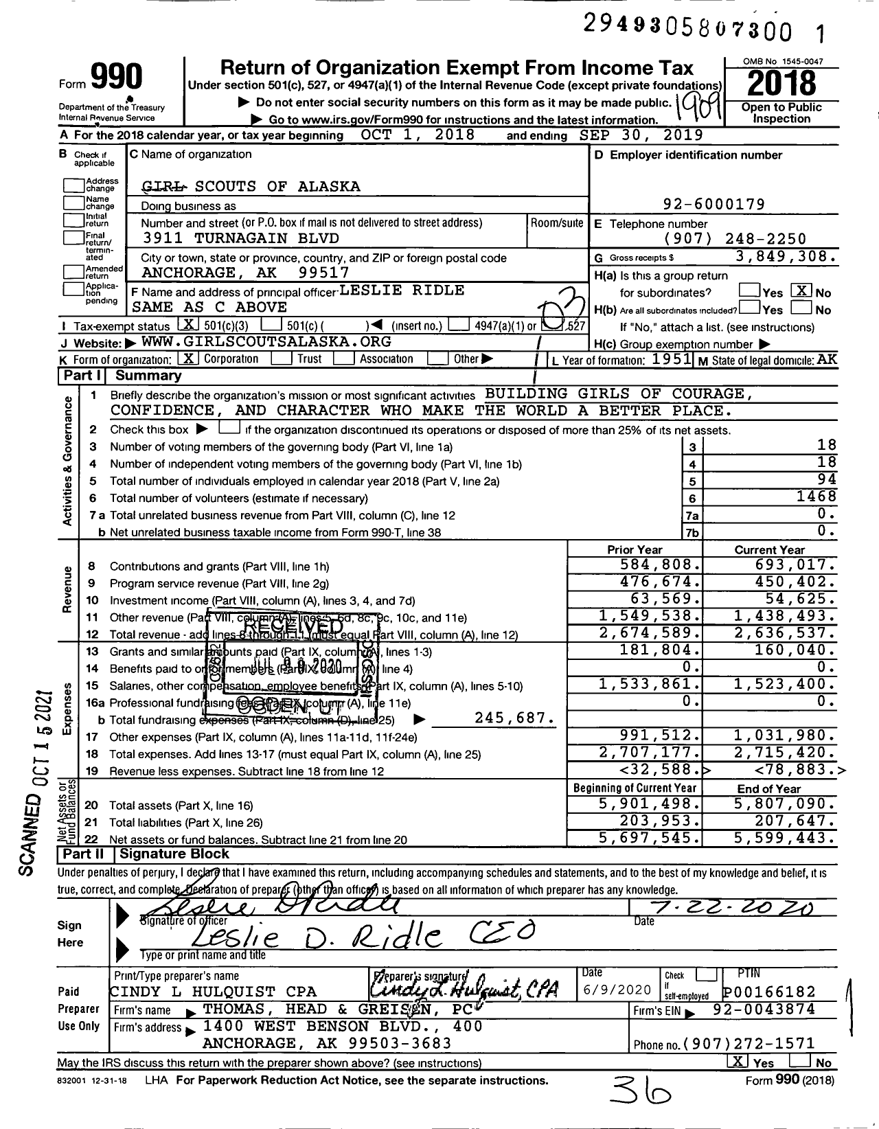 Image of first page of 2018 Form 990 for Girl Scouts of Alaska