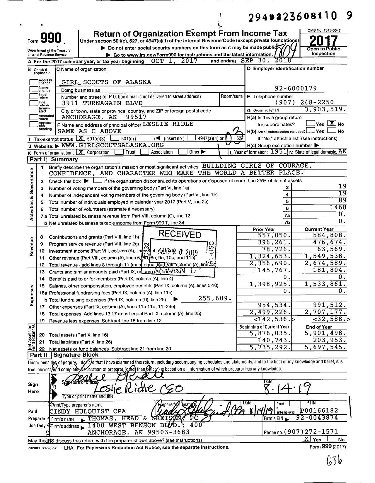 Image of first page of 2017 Form 990 for Girl Scouts of Alaska