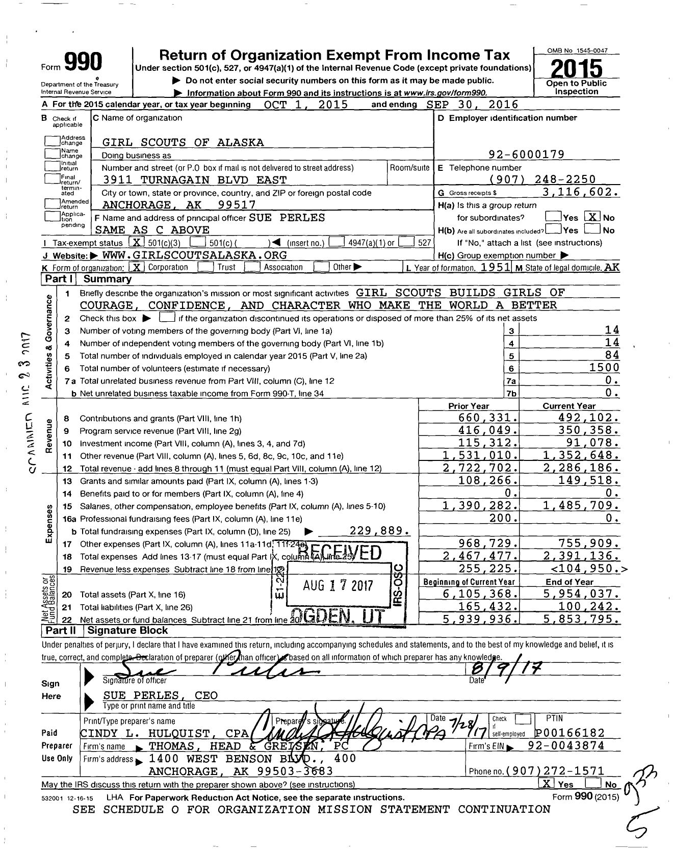 Image of first page of 2015 Form 990 for Girl Scouts of Alaska