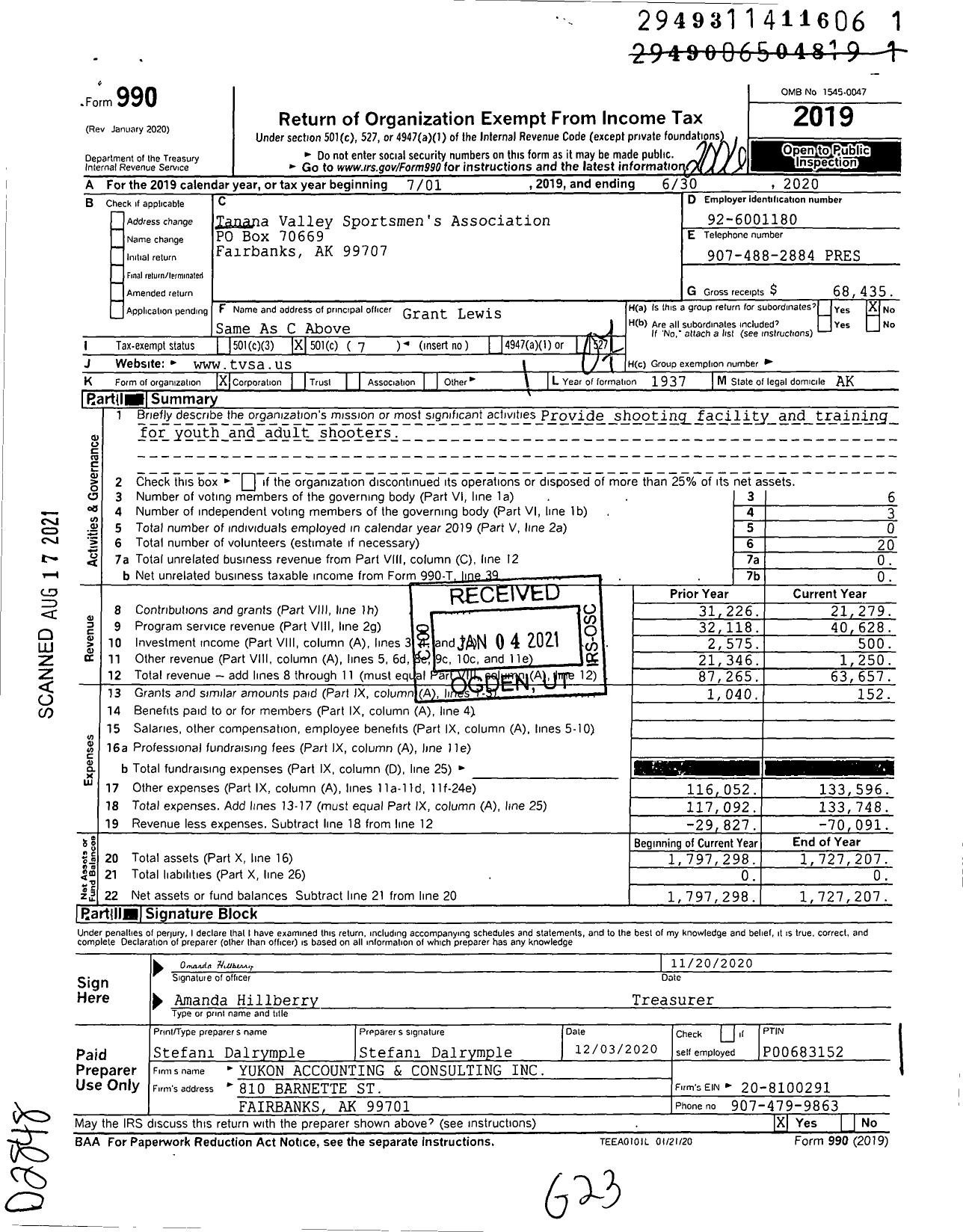 Image of first page of 2019 Form 990O for Tanana Valley Sportsmens Association