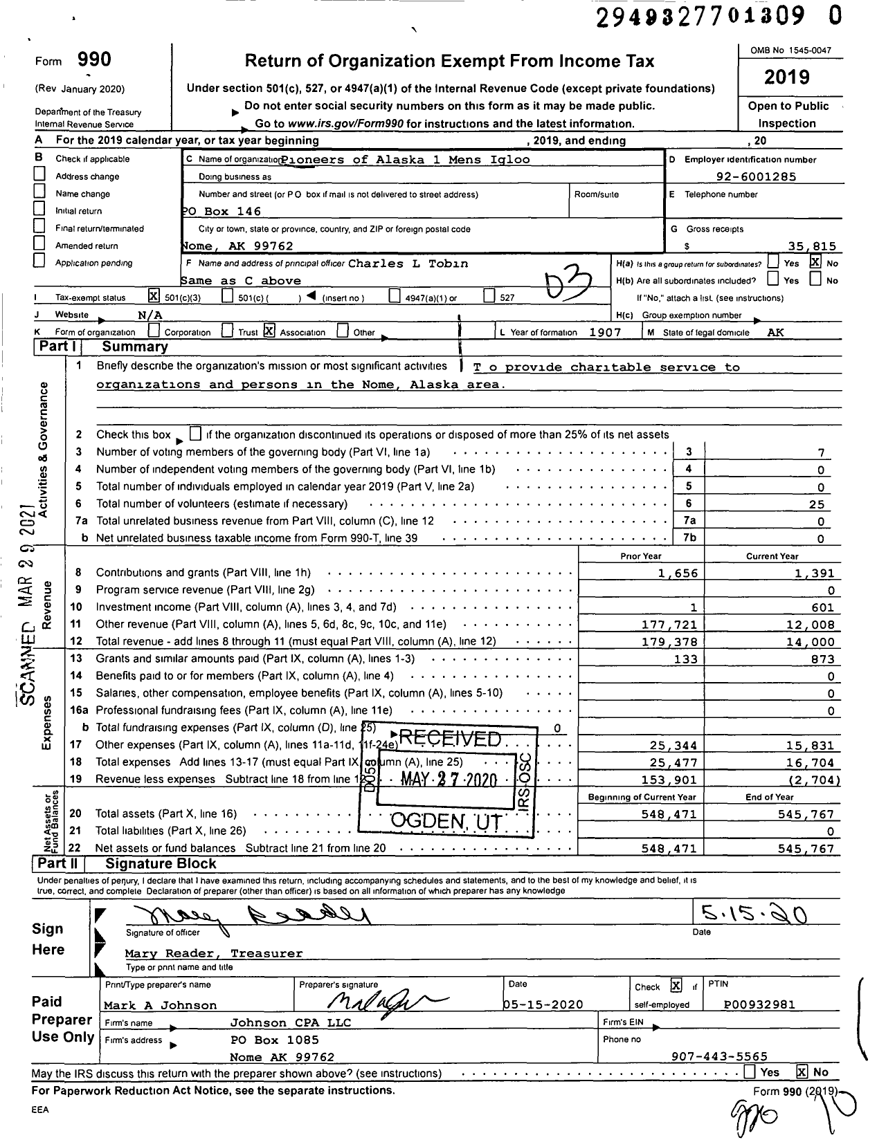 Image of first page of 2019 Form 990 for Pioneers of Alaska - 1 Mens Igloo