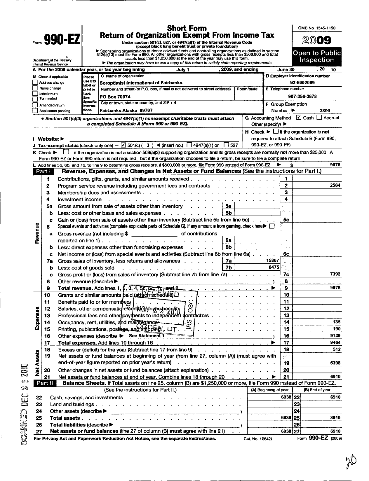 Image of first page of 2009 Form 990EZ for Soroptimist International of the Americas - 111110 Fairbanks Ak