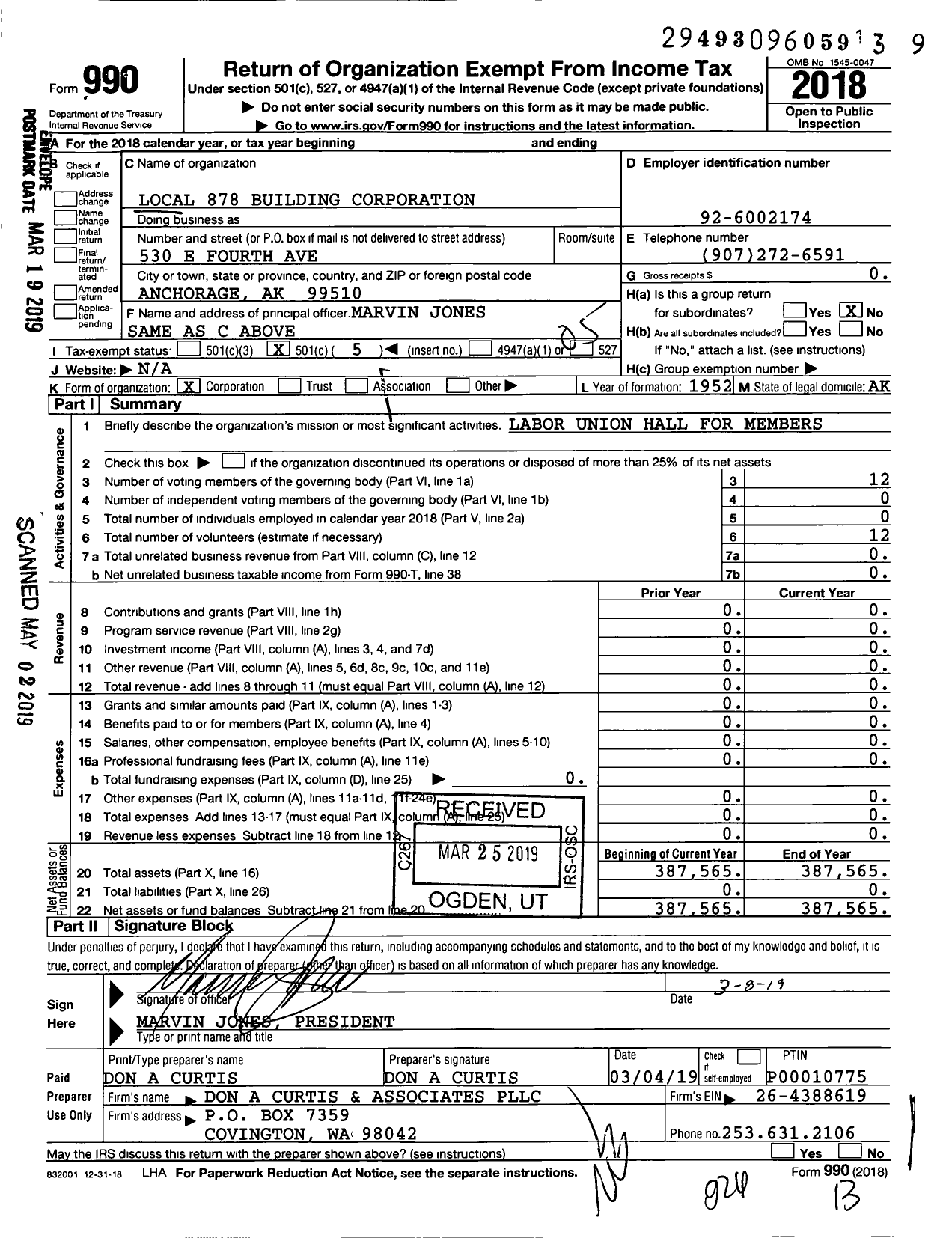 Image of first page of 2018 Form 990O for Local 878 Building Corporation