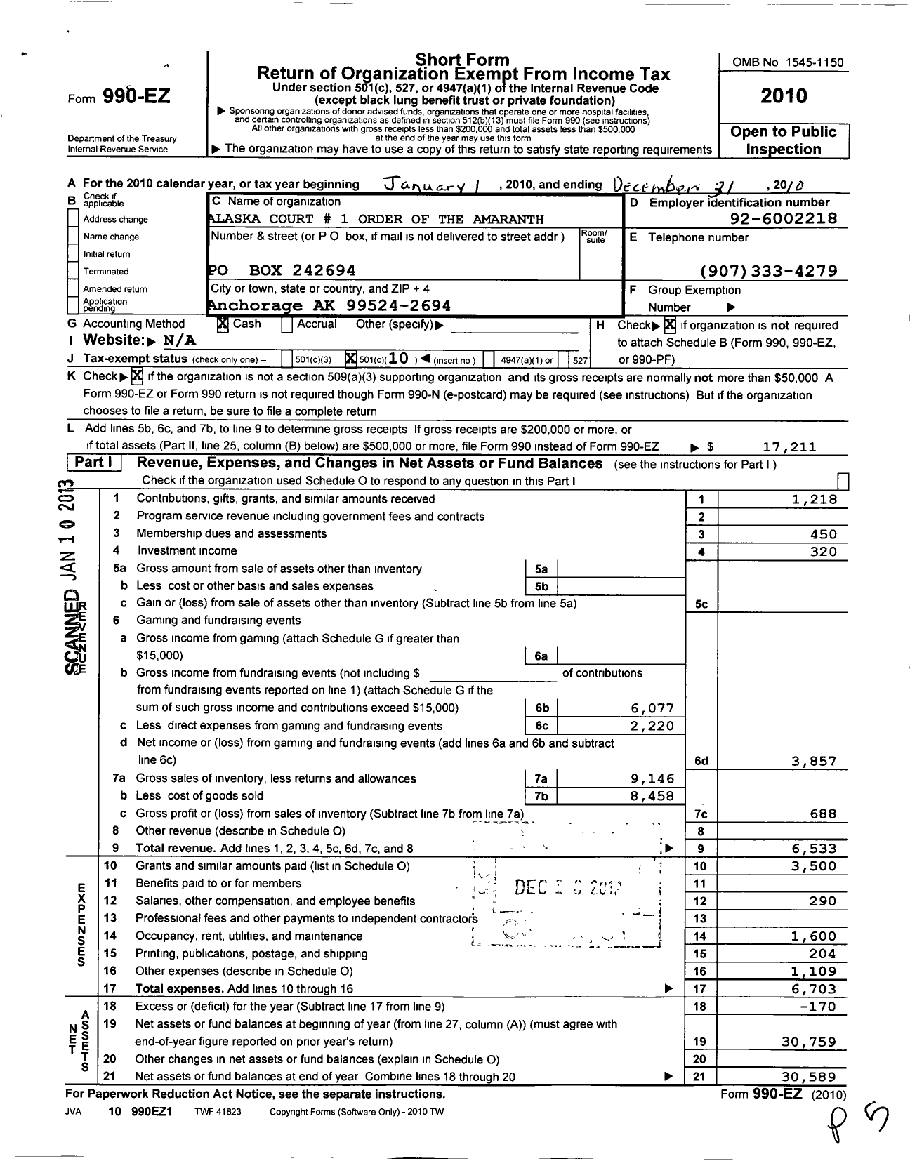 Image of first page of 2010 Form 990EO for Order of the Amaranth - 1 Alaska CT