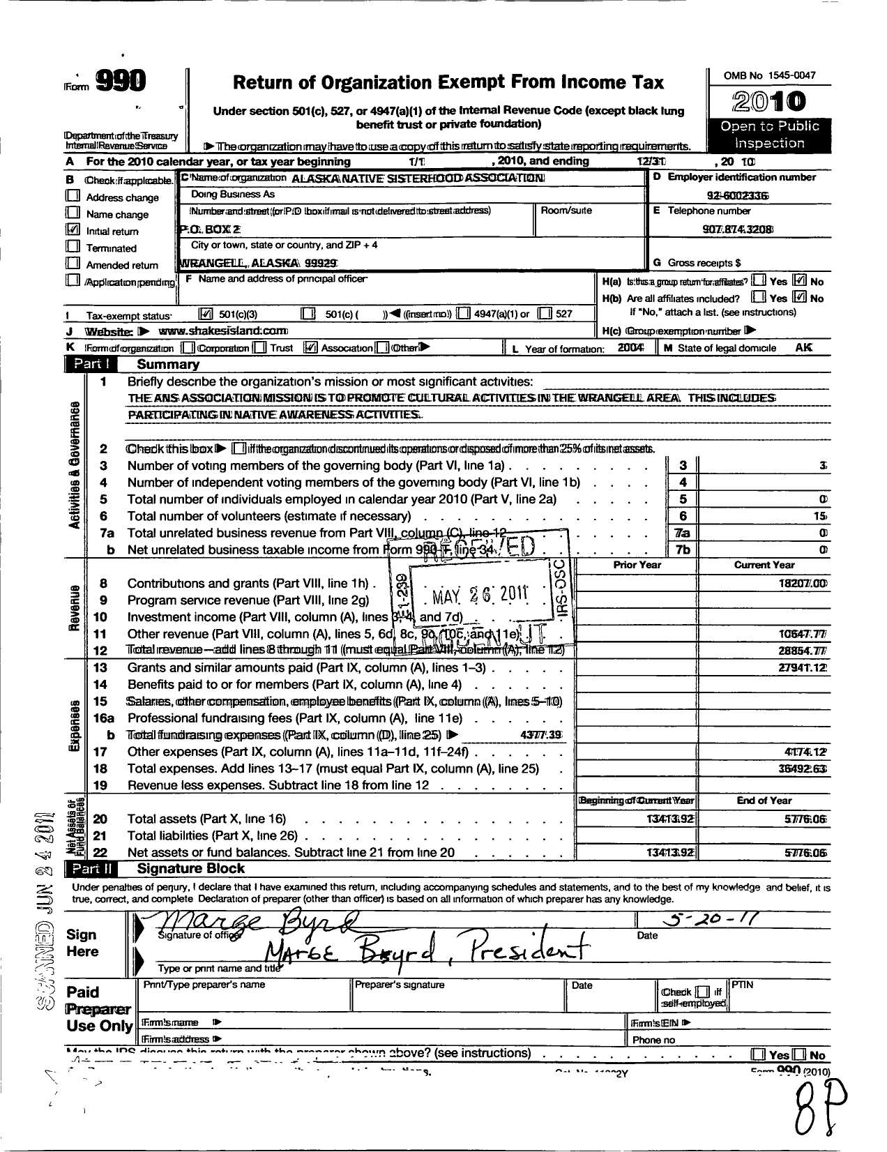 Image of first page of 2010 Form 990 for Alaska Native Sisterhood Association