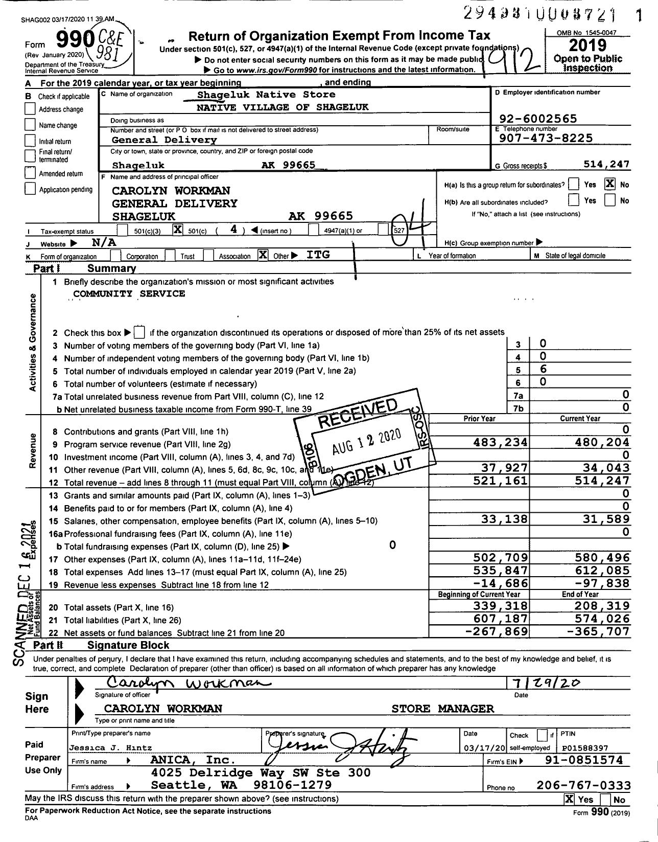 Image of first page of 2019 Form 990O for Shageluk Native Store Native Village of Shageluk