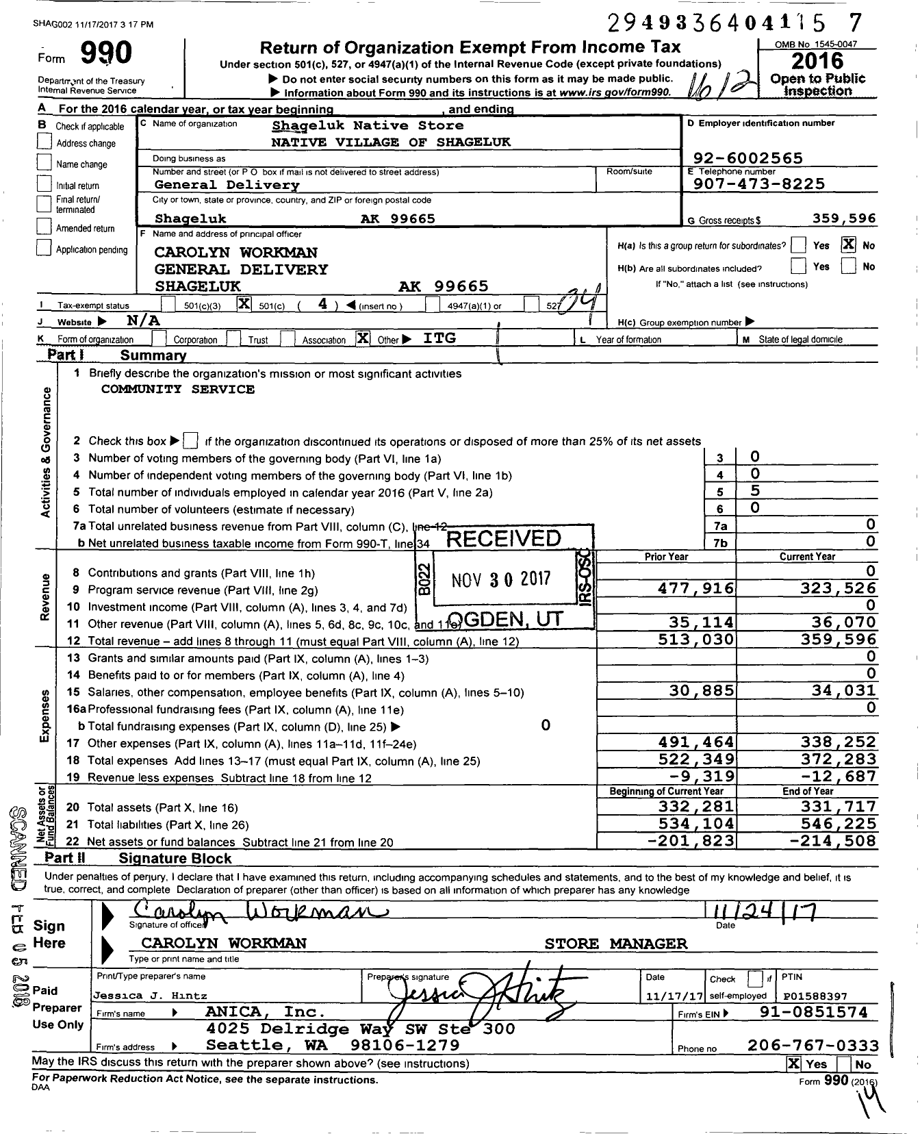 Image of first page of 2016 Form 990O for Shageluk Native Store Native Village of Shageluk