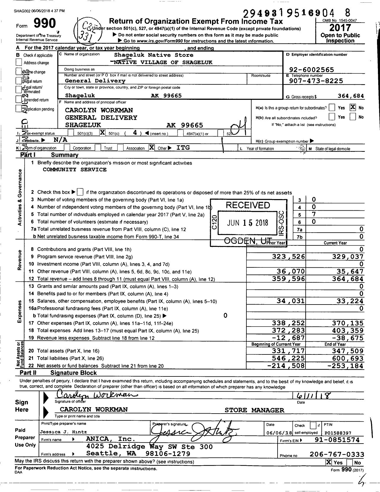 Image of first page of 2017 Form 990O for Shageluk Native Store Native Village of Shageluk