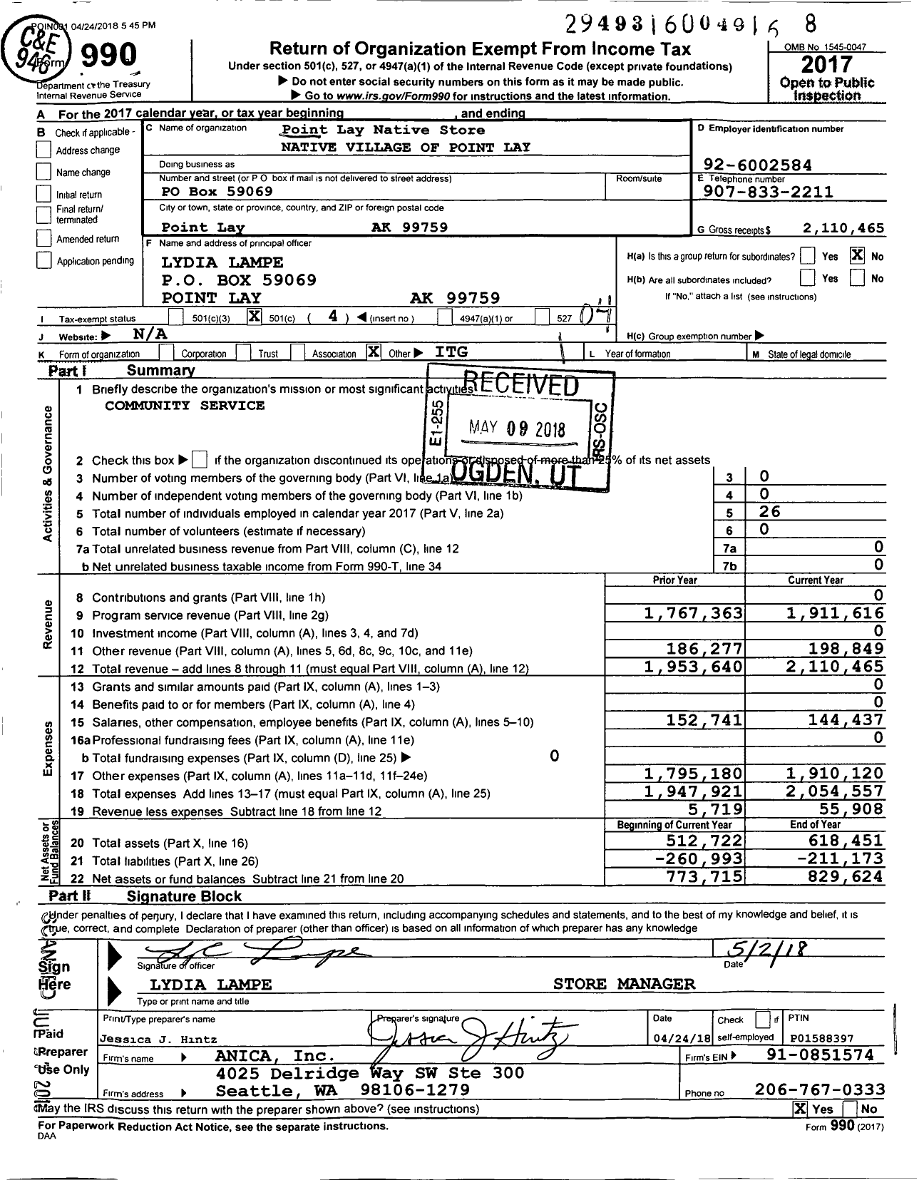 Image of first page of 2017 Form 990O for Point Lay Native Store Native Village of Point Lay