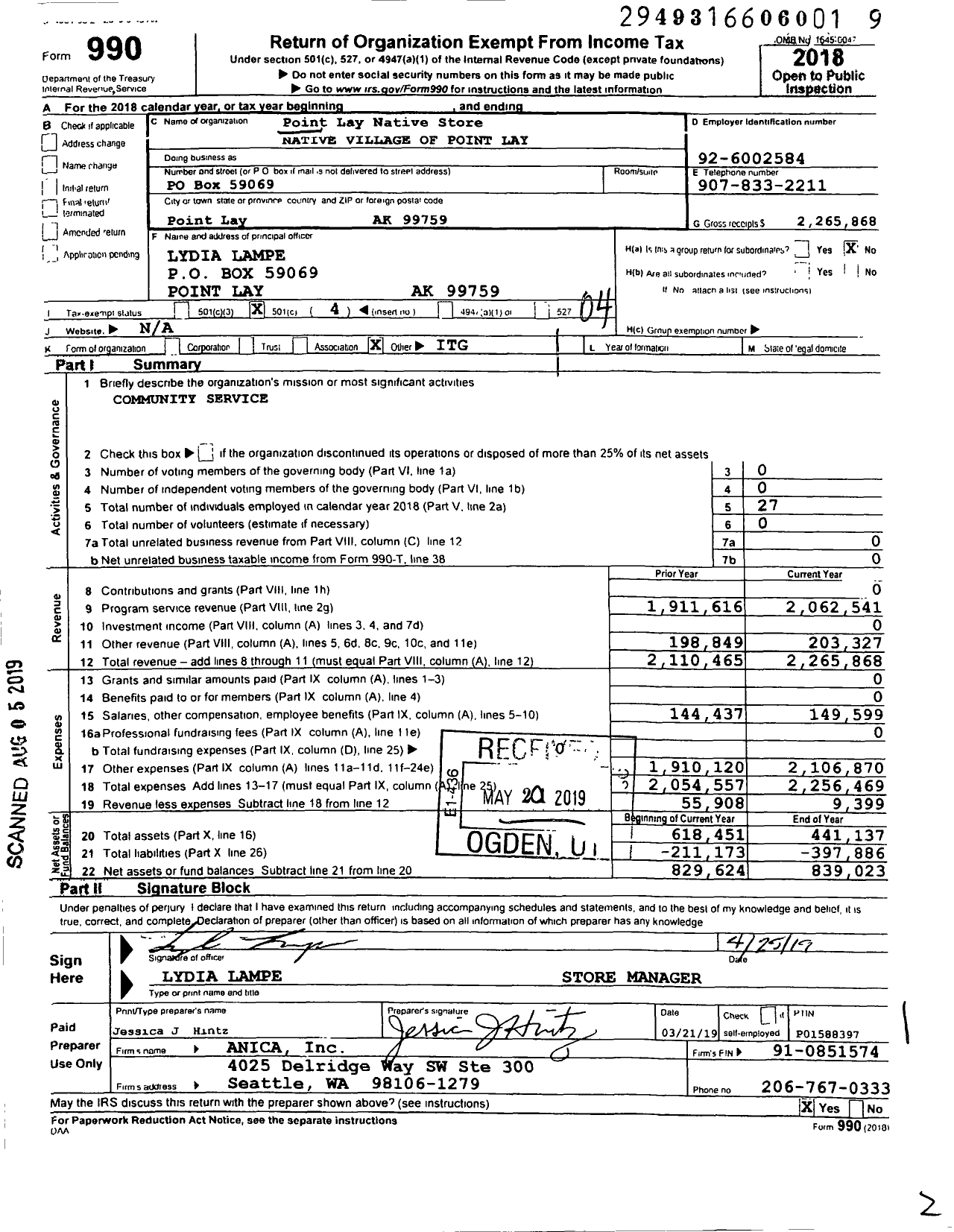 Image of first page of 2018 Form 990O for Point Lay Native Store Native Village of Point Lay