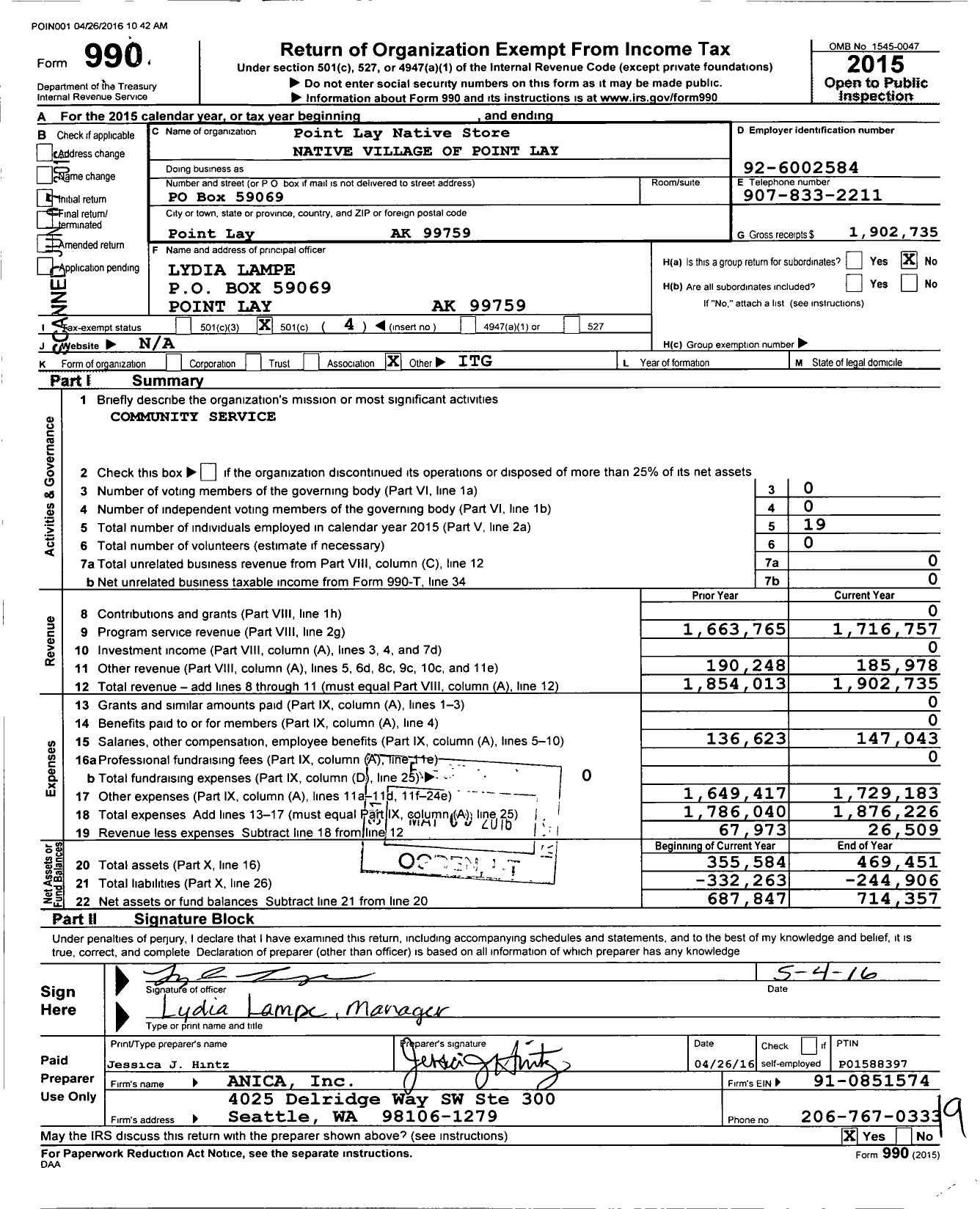 Image of first page of 2015 Form 990O for Point Lay Native Store Native Village of Point Lay