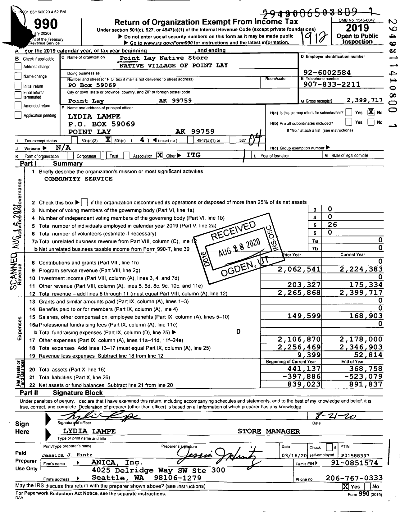 Image of first page of 2019 Form 990O for Point Lay Native Store Native Village of Point Lay