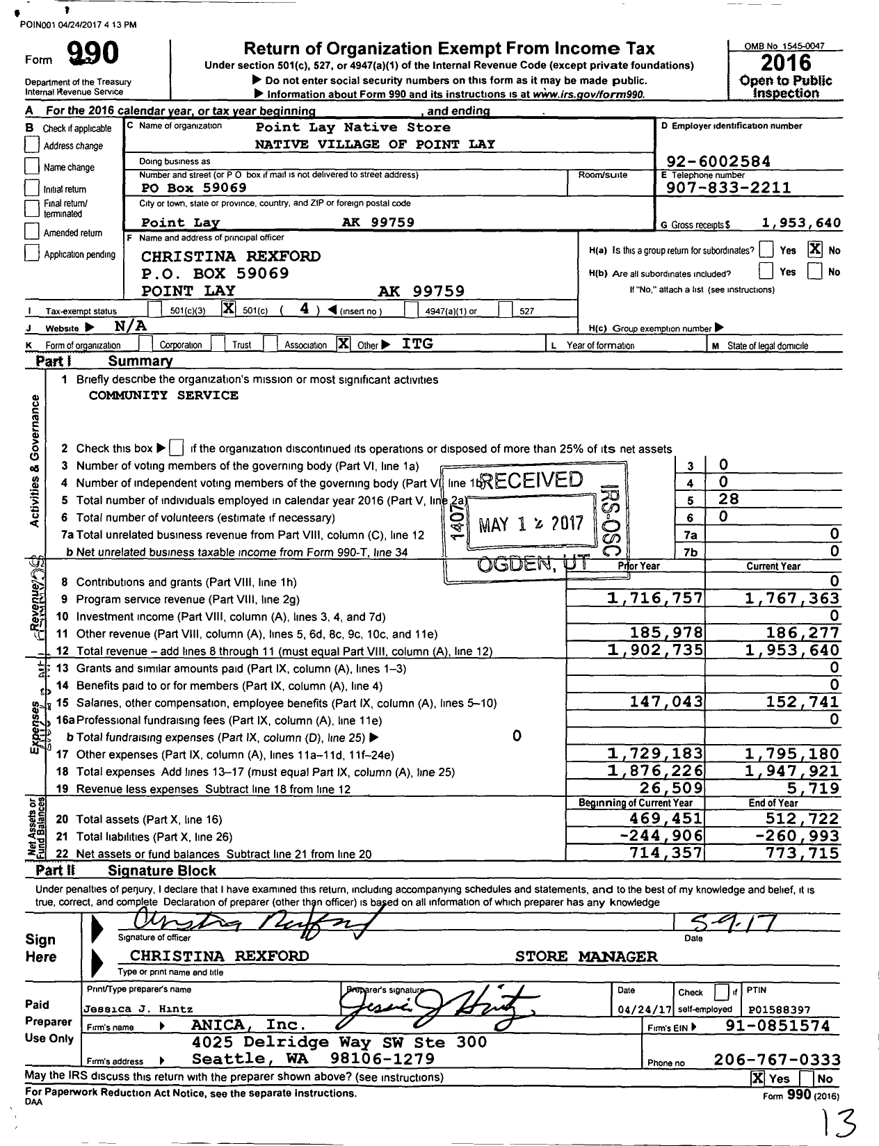 Image of first page of 2016 Form 990O for Point Lay Native Store Native Village of Point Lay