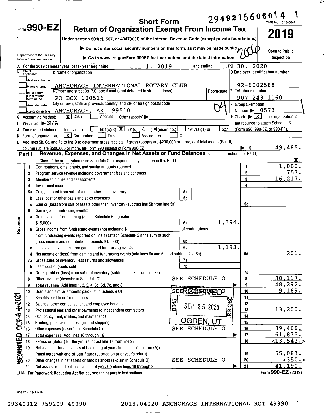 Image of first page of 2019 Form 990EO for Rotary International - Anchorage Int Rotary Club