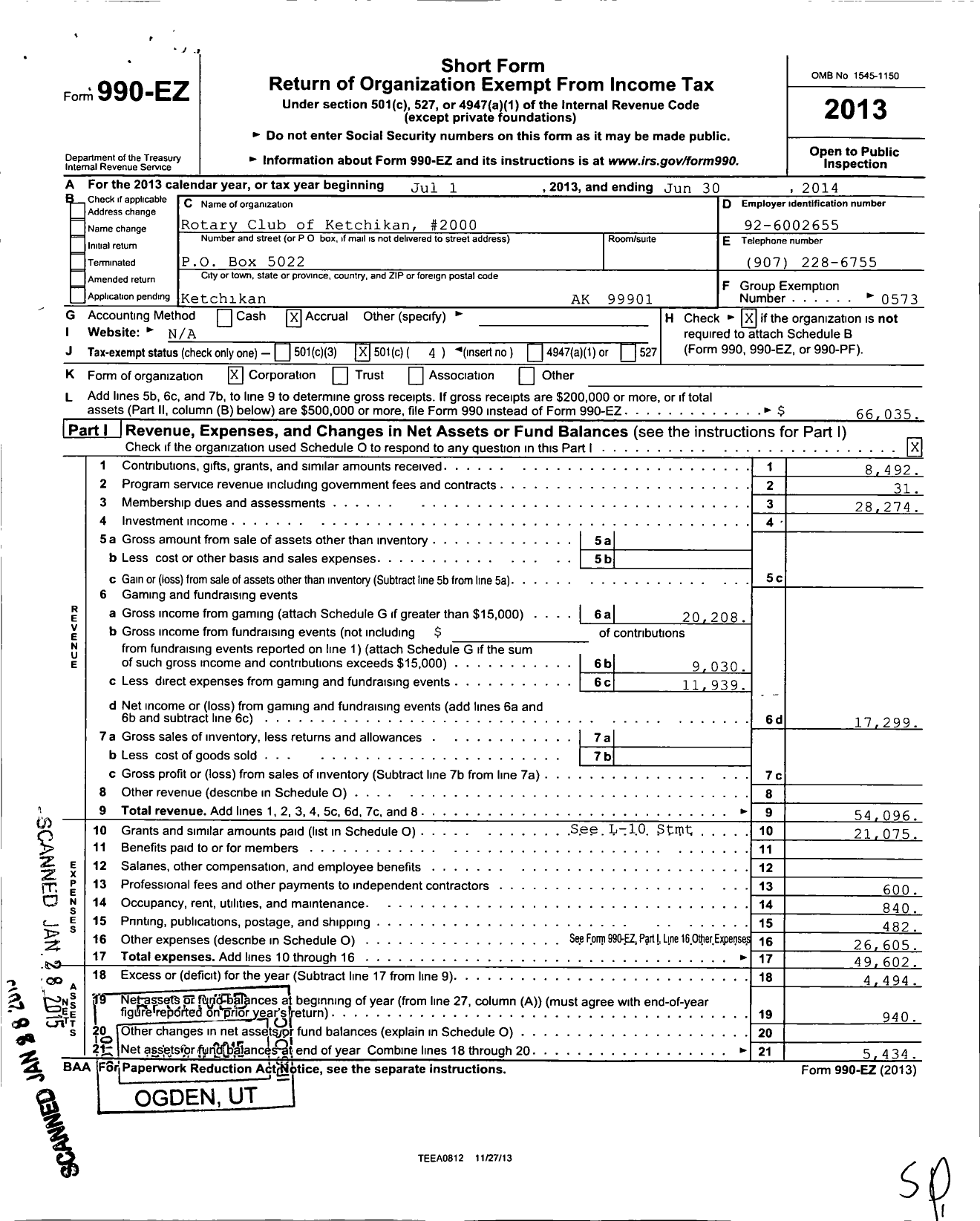 Image of first page of 2013 Form 990EO for Rotary International - Ketchikan Club