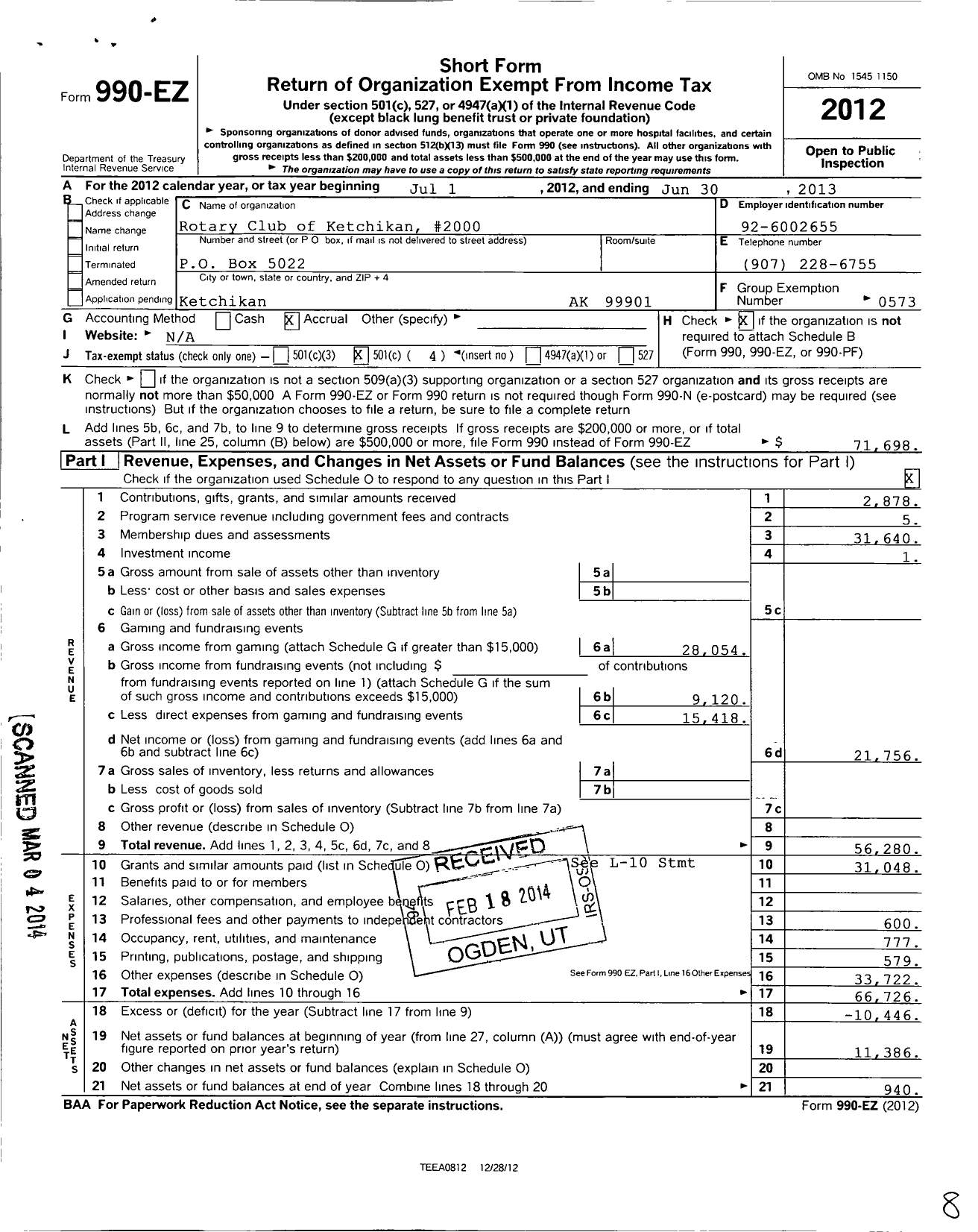 Image of first page of 2012 Form 990EO for Rotary International - Ketchikan Club