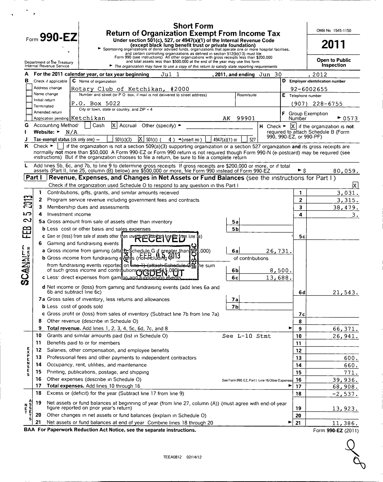 Image of first page of 2011 Form 990EO for Rotary International - Ketchikan Club