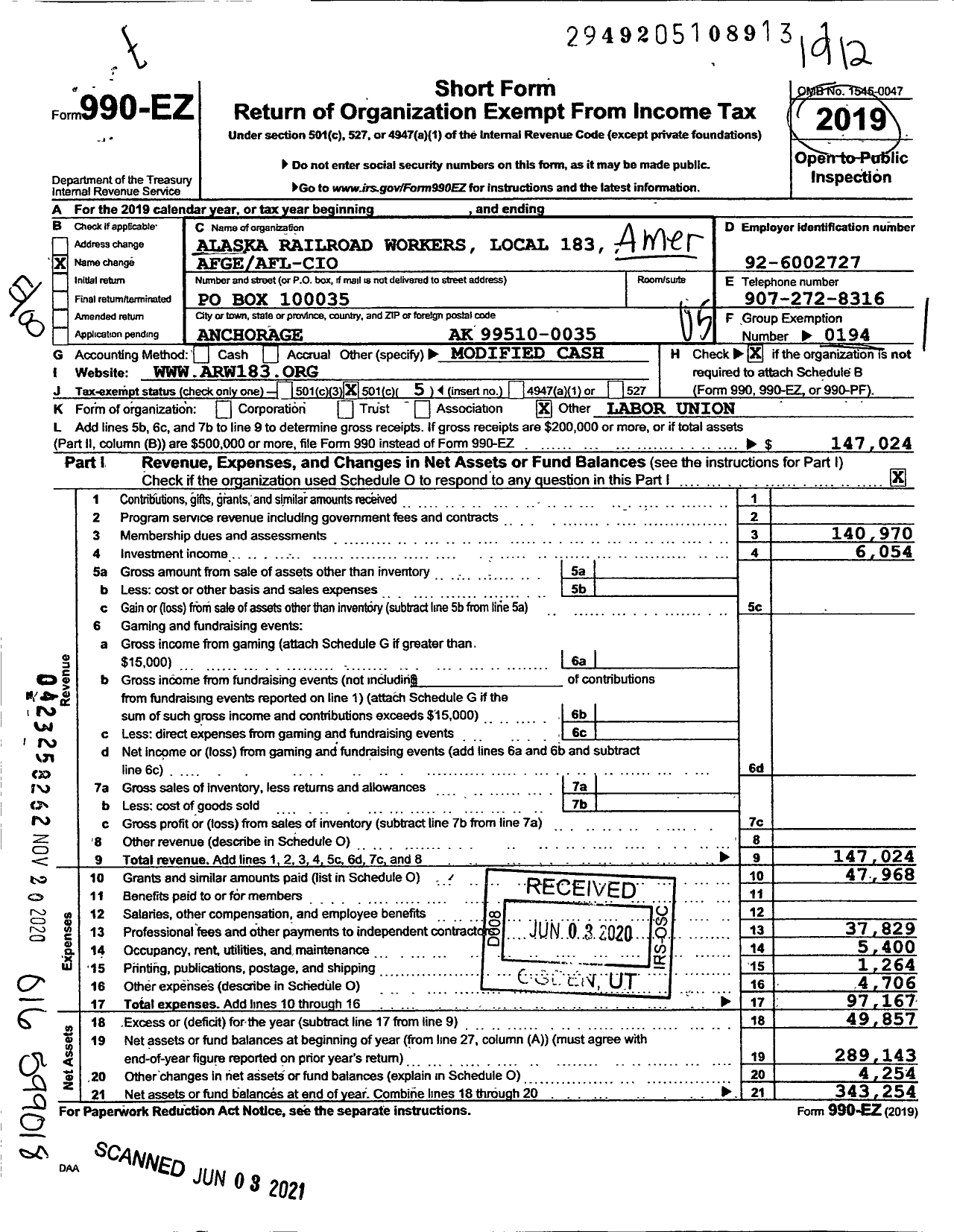 Image of first page of 2019 Form 990EO for American Federation of Government Employees - 183 Alaska Railroad Workers Local