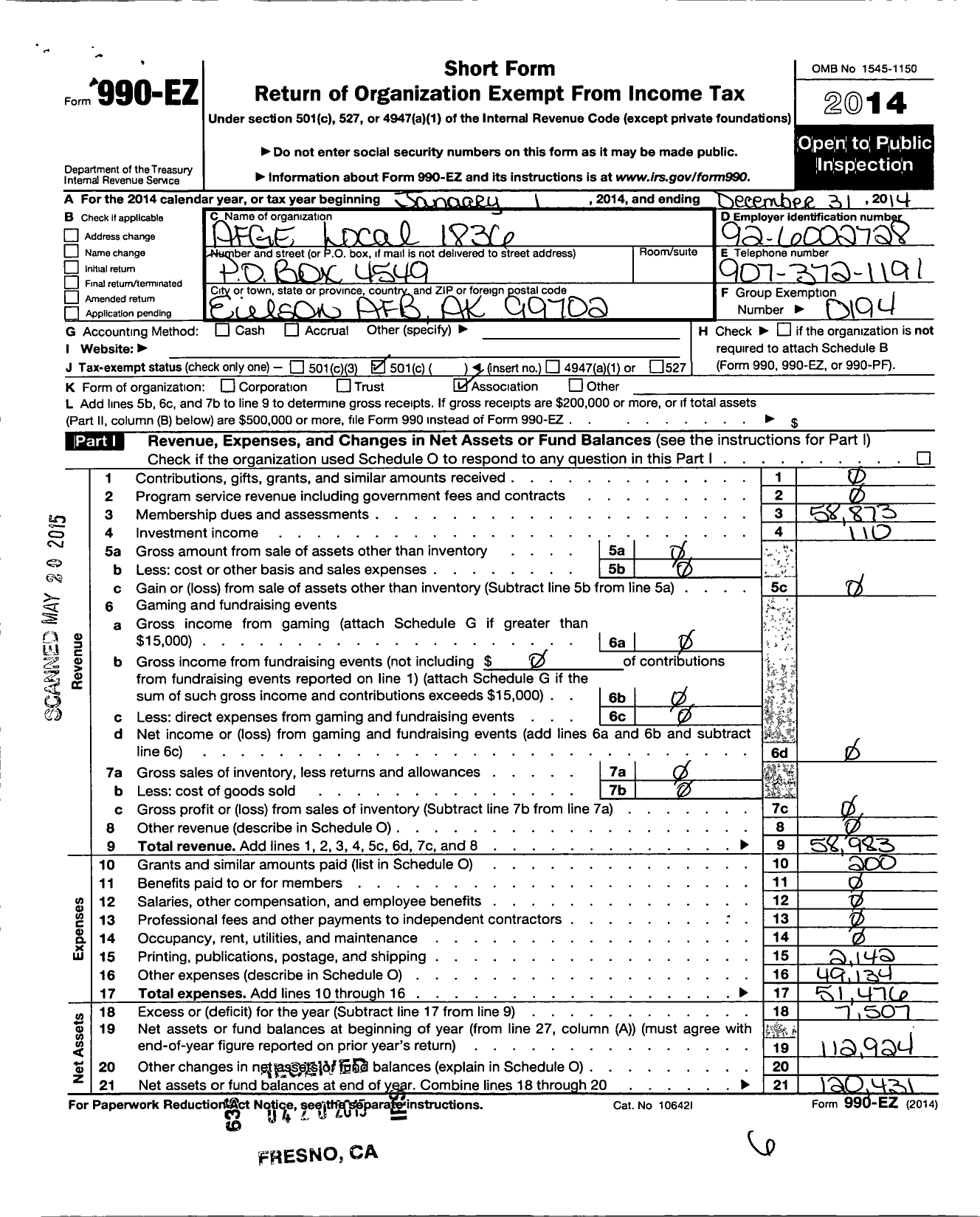 Image of first page of 2014 Form 990EO for American Federation of Government Employees - 1836 AFGE