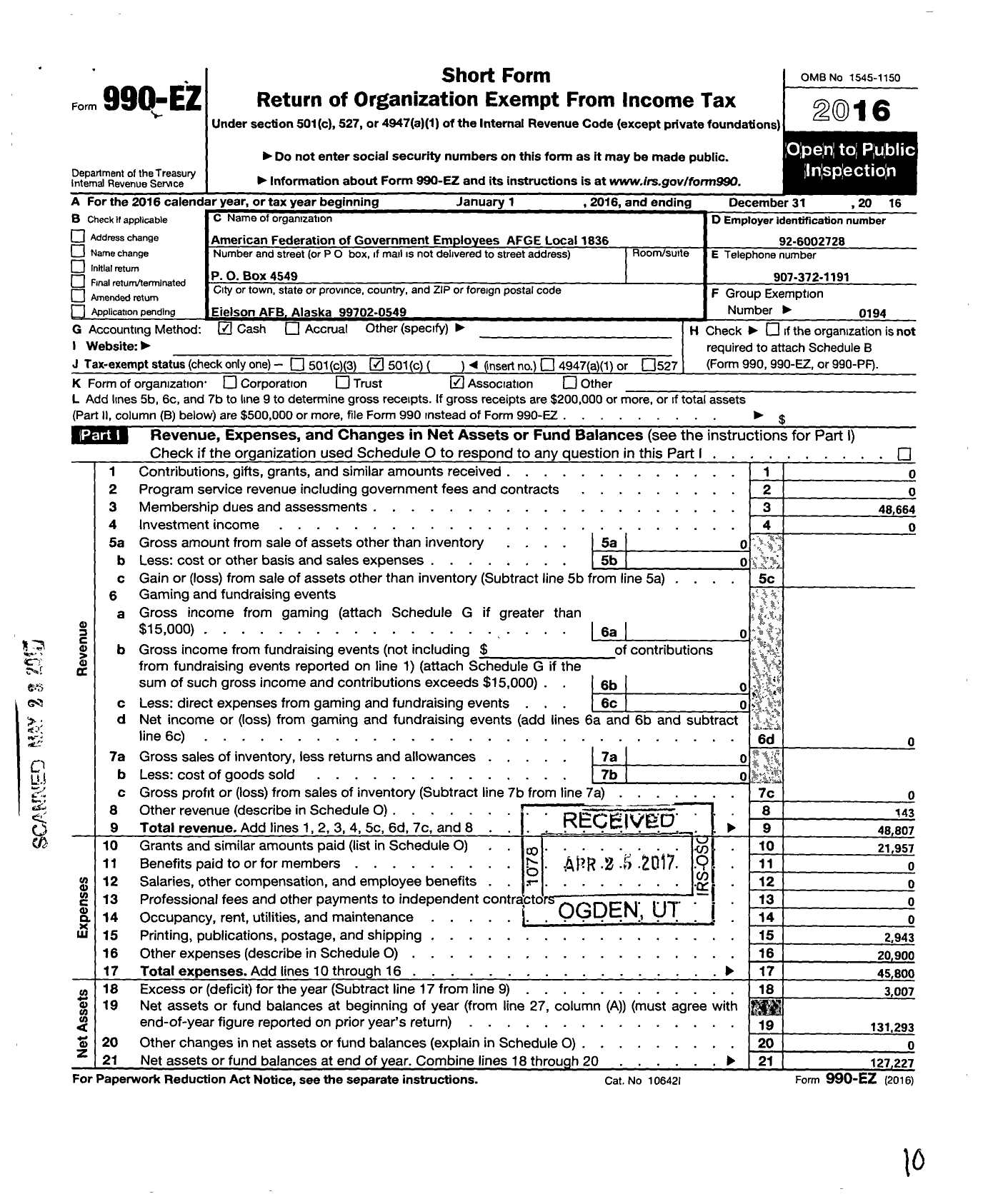 Image of first page of 2016 Form 990EO for American Federation of Government Employees - 1836 AFGE