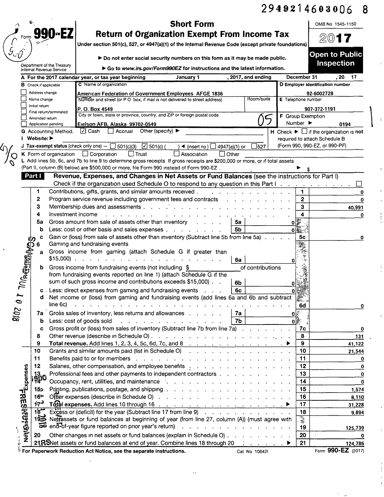 Image of first page of 2017 Form 990EO for American Federation of Government Employees - 1836 AFGE