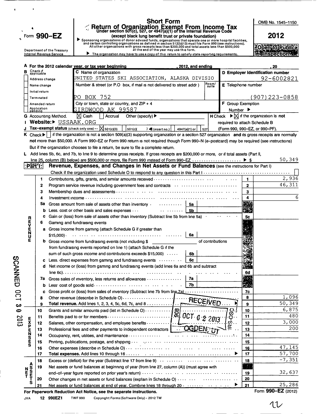 Image of first page of 2012 Form 990EZ for United States Ski Association Alaska Division