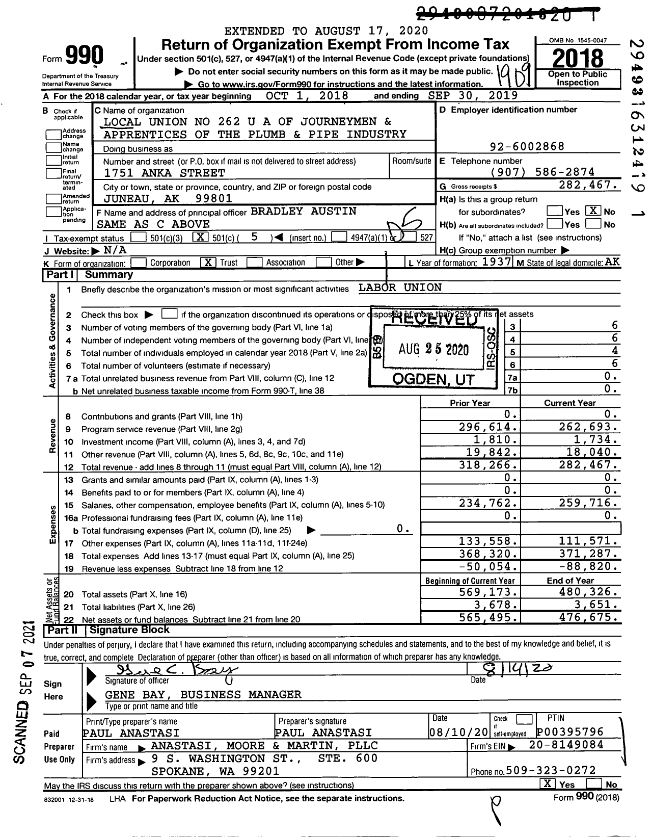 Image of first page of 2018 Form 990O for United Association - 262 PPF