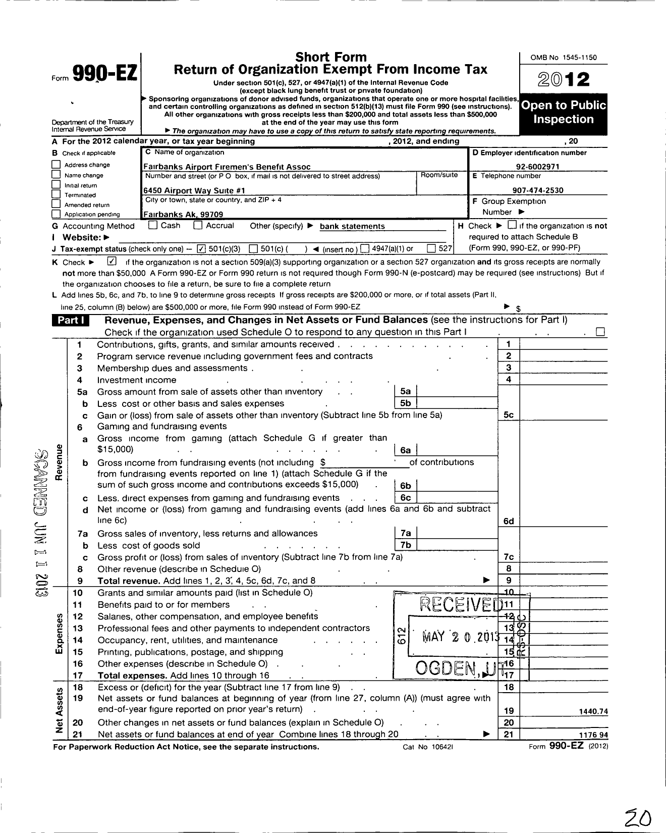 Image of first page of 2012 Form 990EZ for Fairbanks International Airport Firemans Benefit Association