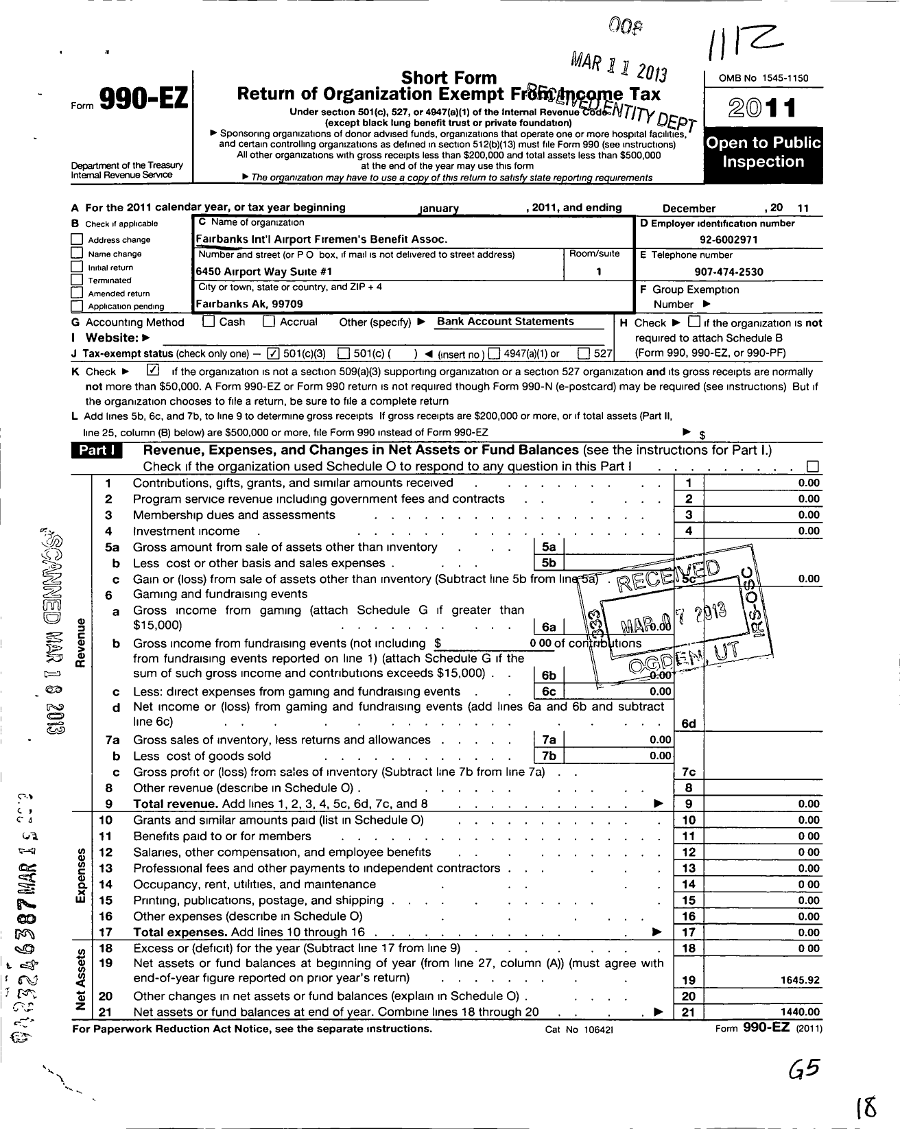 Image of first page of 2011 Form 990EZ for Fairbanks International Airport Firemans Benefit Association