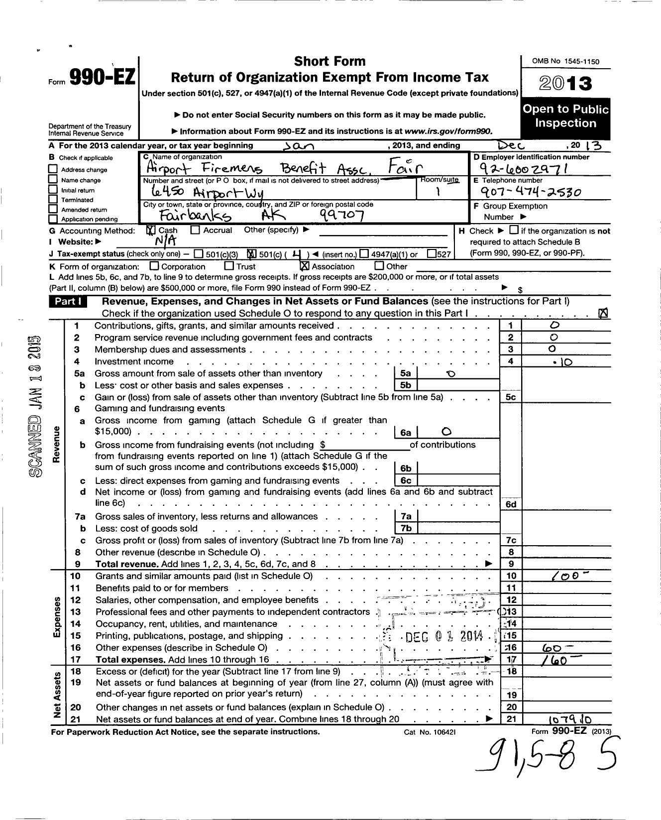 Image of first page of 2013 Form 990EO for Fairbanks International Airport Firemans Benefit Association