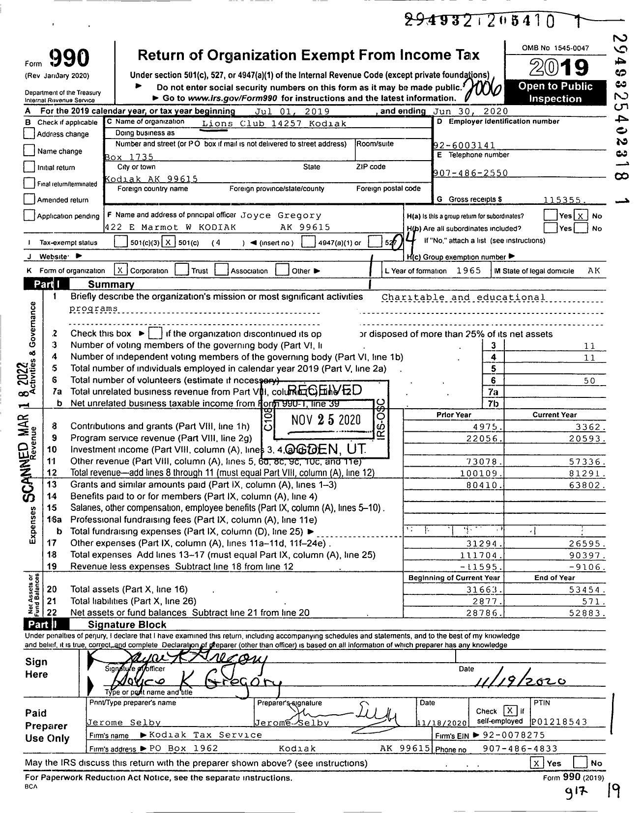 Image of first page of 2019 Form 990O for Lions Clubs - 14257 Kodiak Lions Club