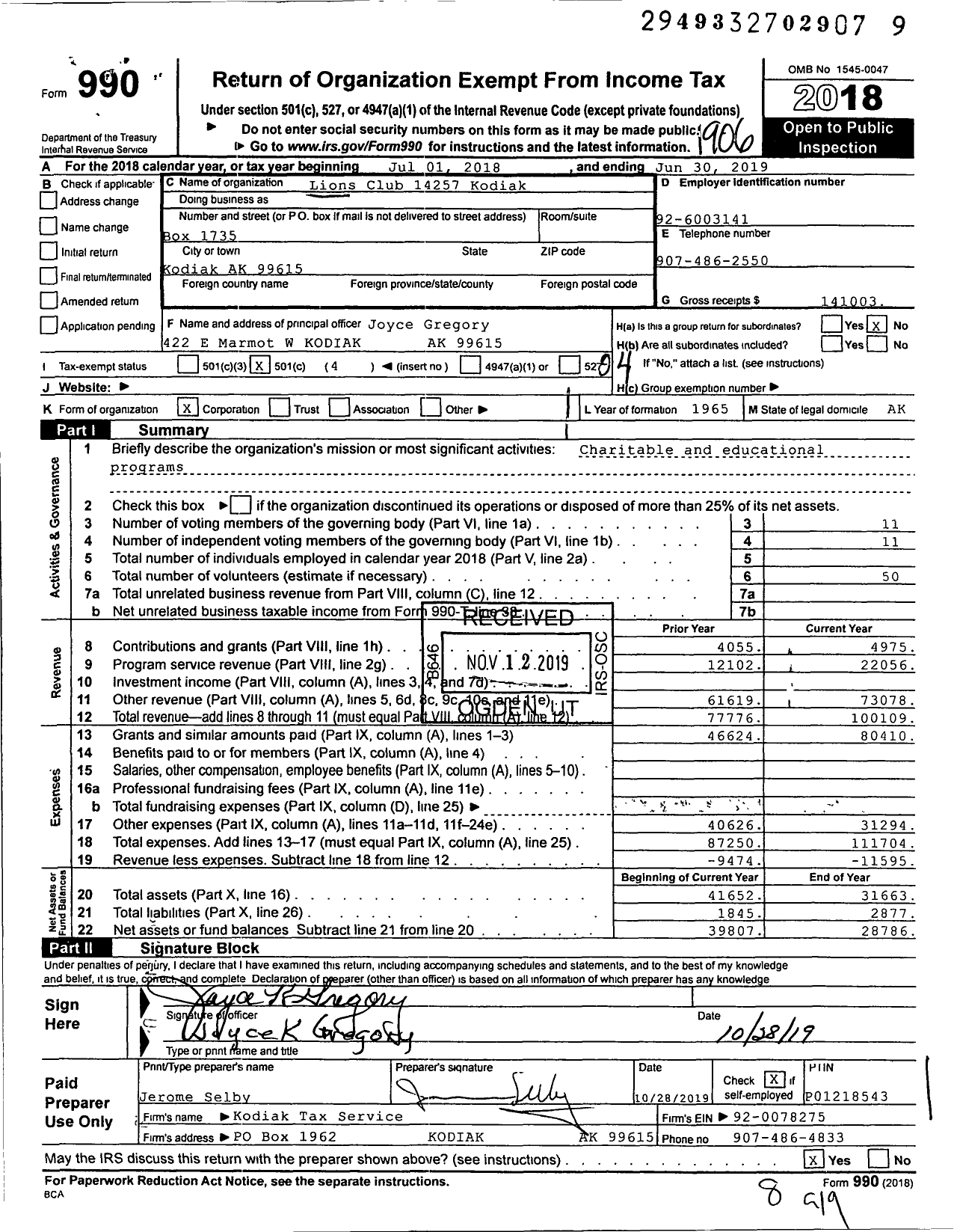 Image of first page of 2018 Form 990O for Lions Clubs - 14257 Kodiak Lions Club