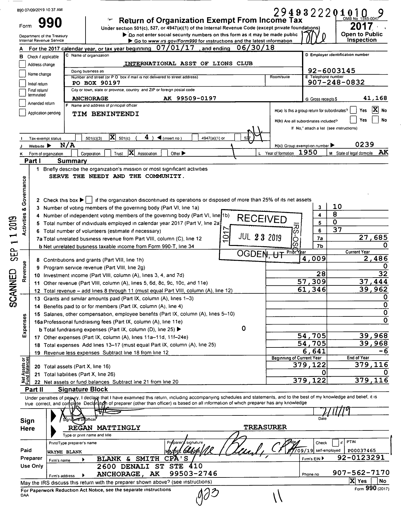 Image of first page of 2017 Form 990O for Lions Clubs - 14267 49a District Spenard Lions