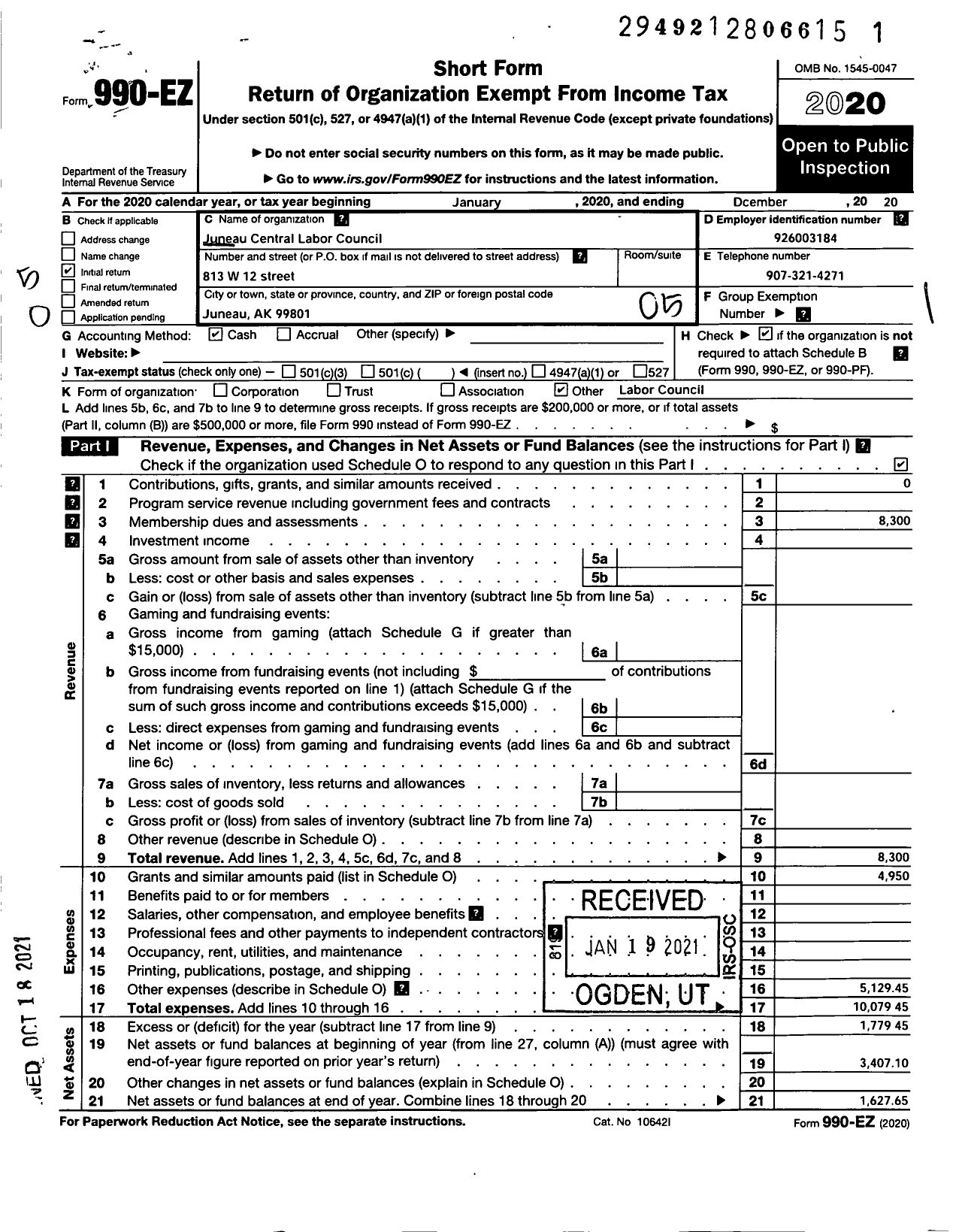 Image of first page of 2020 Form 990EO for AFL-CIO - Juneau Central Labor Council Afl-